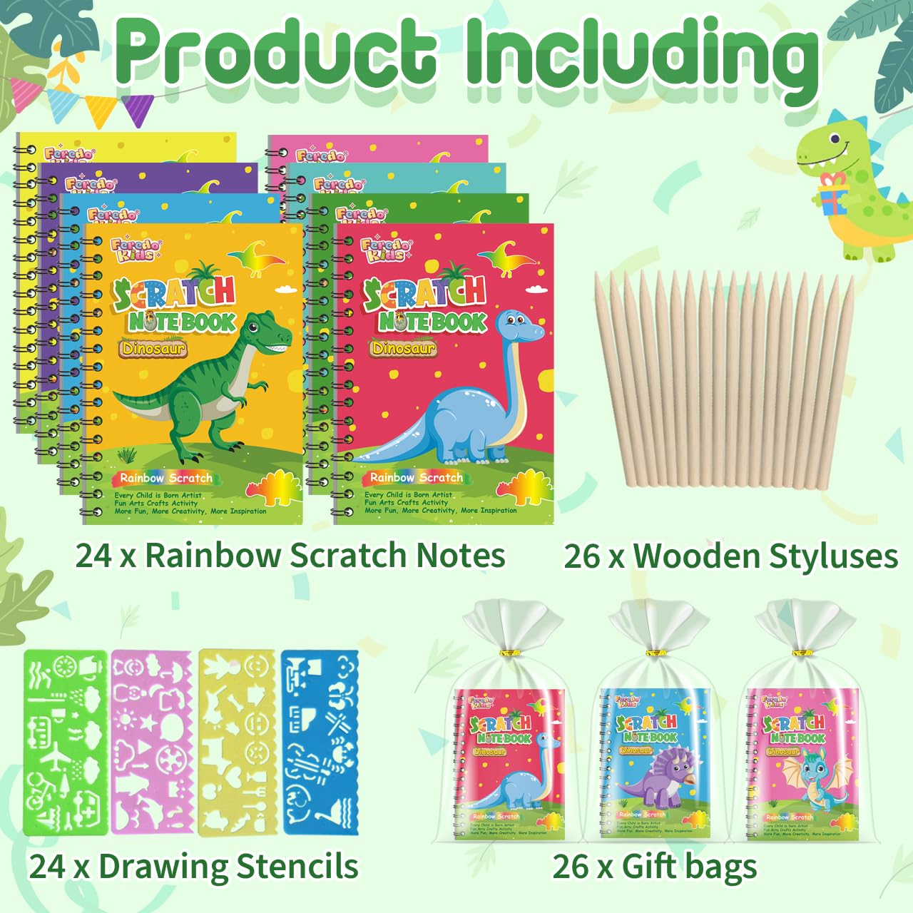 FEREDO KIDS Scratch Art Set – 24 Rainbow Dinosaur Notebooks with Stencils & Styluses
