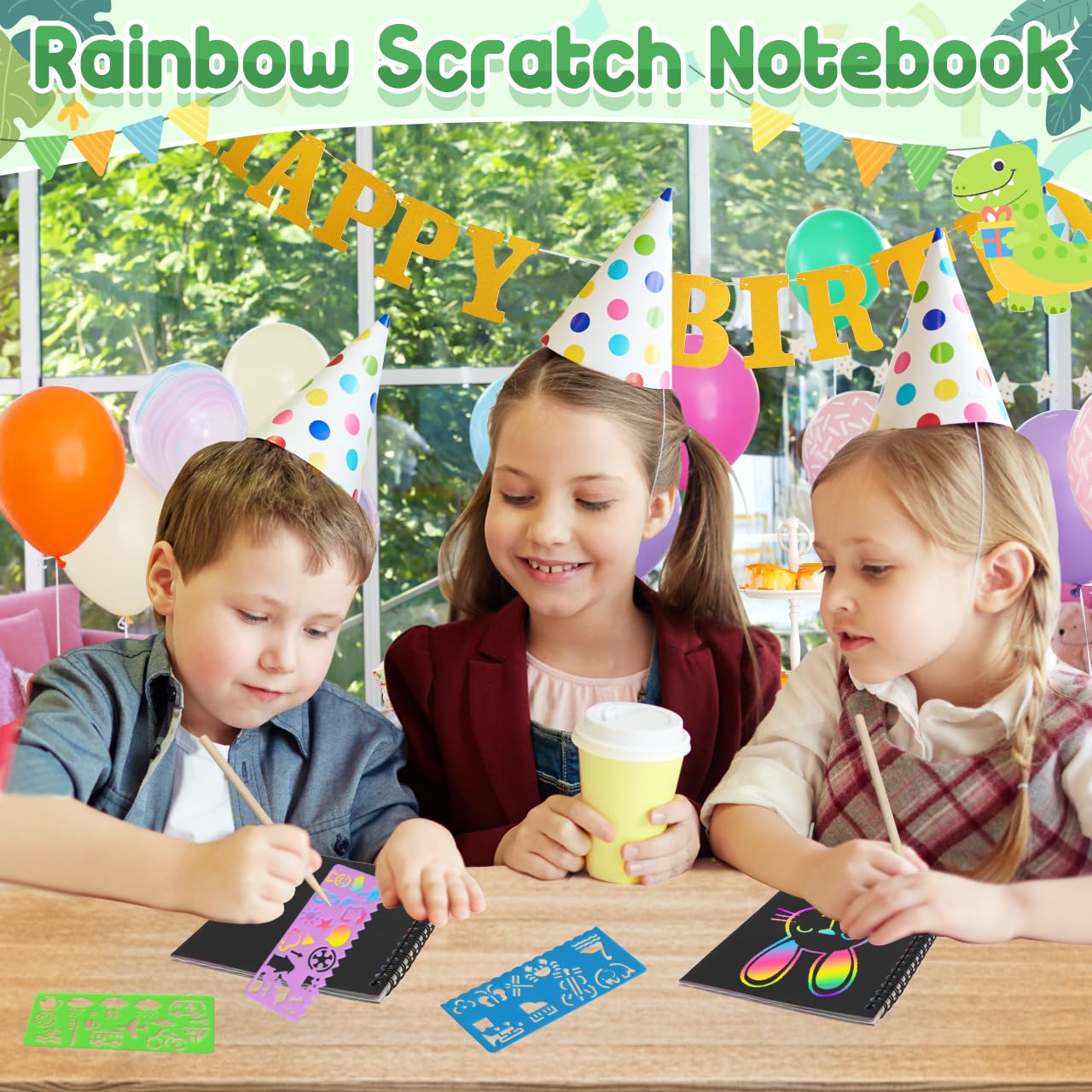 FEREDO KIDS Scratch Art Set – 24 Rainbow Dinosaur Notebooks with Stencils & Styluses