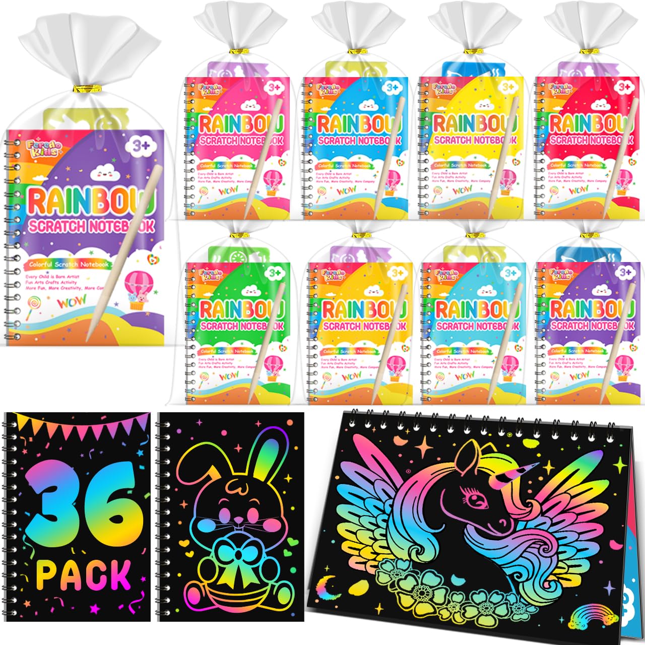 FEREDO KIDS 36-Pack Scratch Art Notebooks — Rainbow Scratch Art Set for Kids 4–12, Classroom & Party Favors