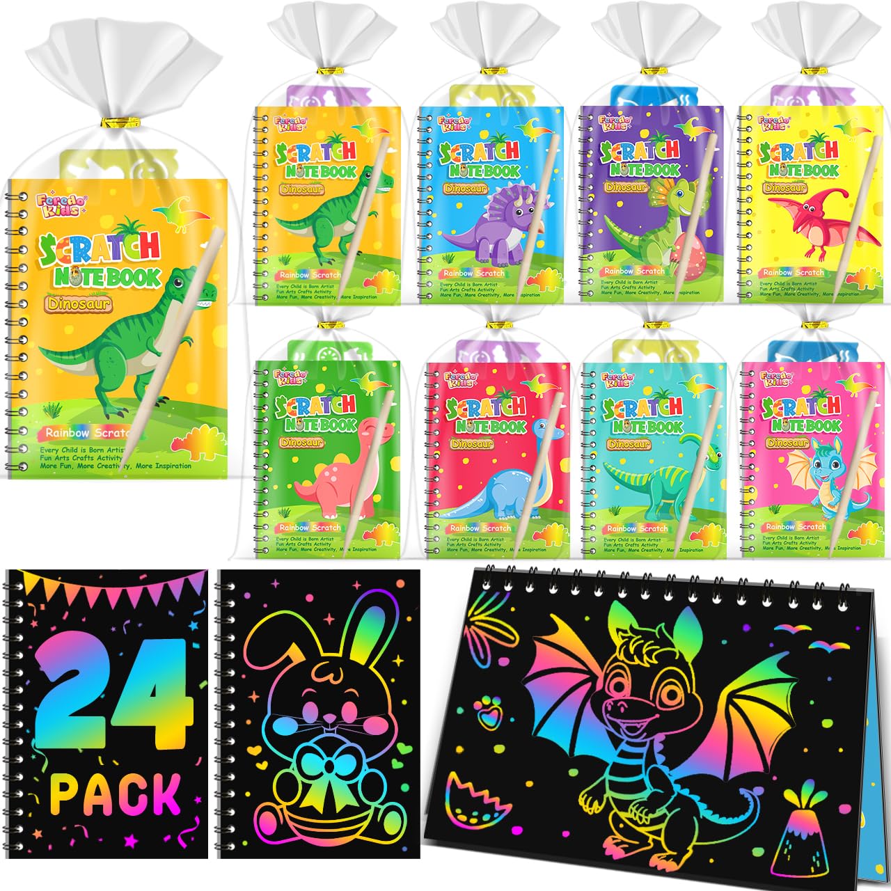 FEREDO KIDS Scratch Art Set – 24 Rainbow Dinosaur Notebooks with Stencils & Styluses