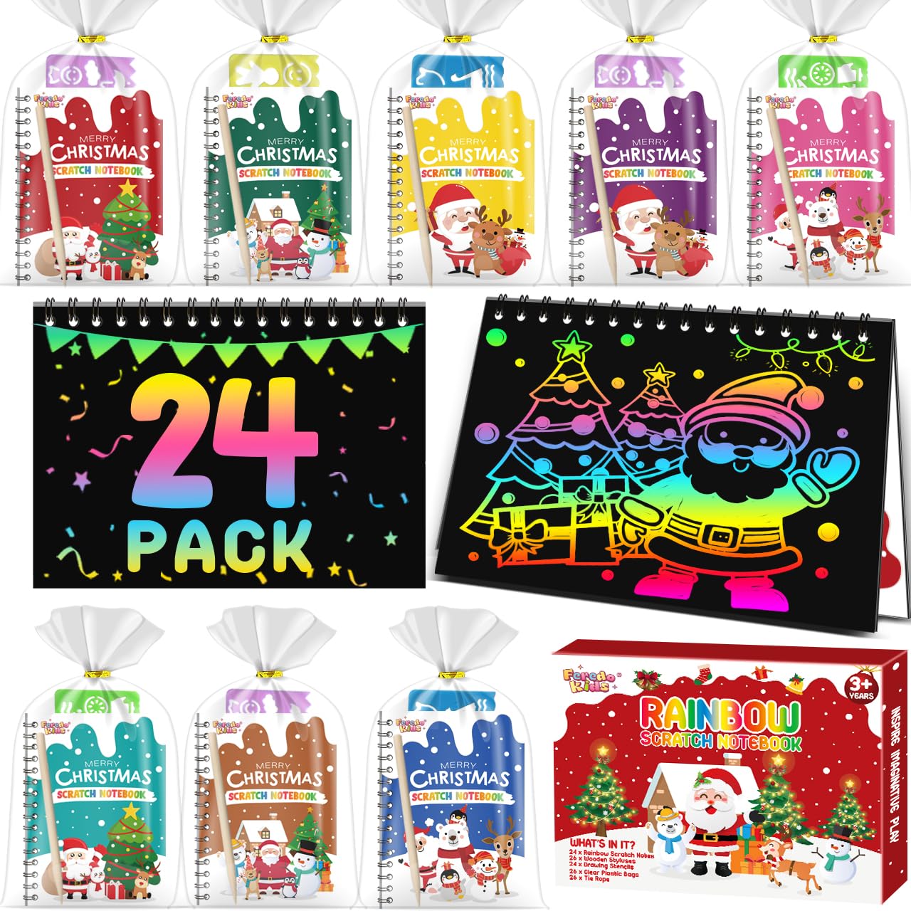 FEREDO KIDS Scratch Art Notebooks — 24 Pack Rainbow Party Favors for Kids