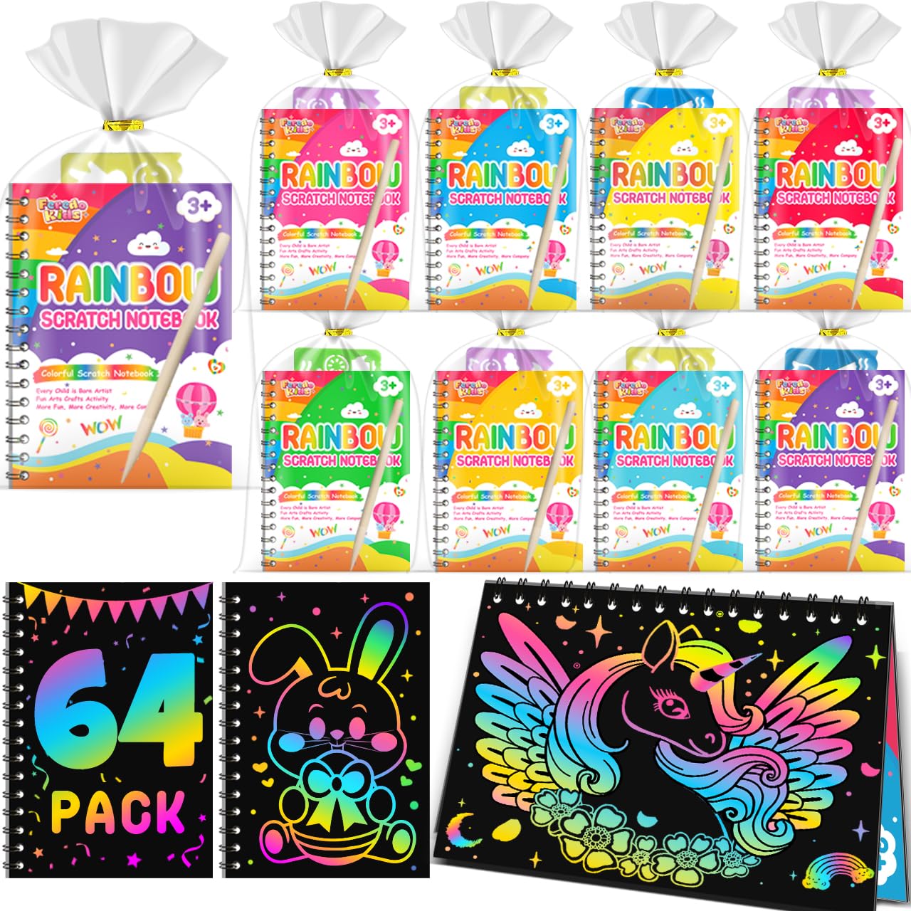 FEREDO KIDS Scratch Art 64-Pack Rainbow Notebooks – Mess-Free Creative Activity for Kids 4-12