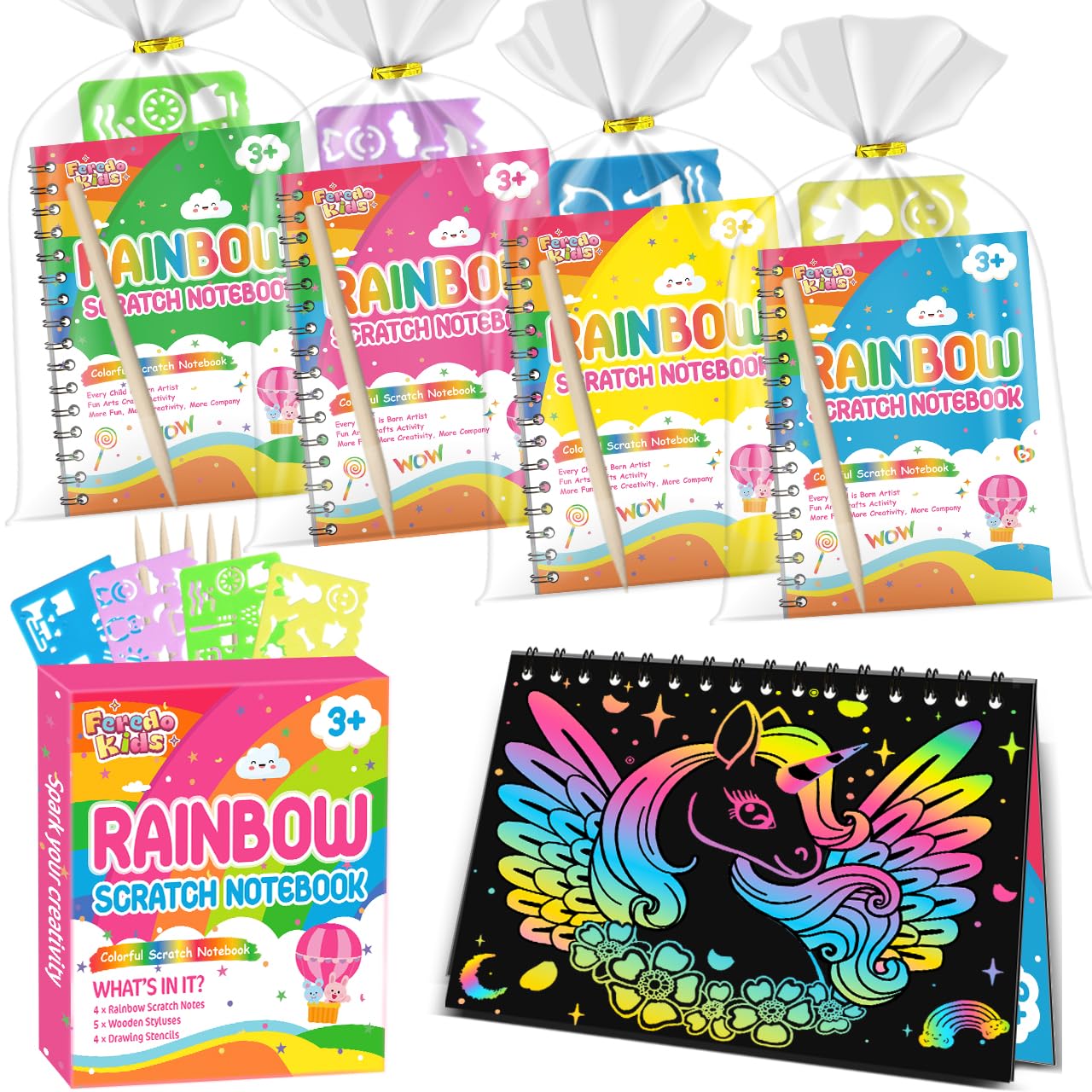 FEREDO KIDS Scratch Art 4-Pack Rainbow Notebooks – Mess-Free Creative Favors