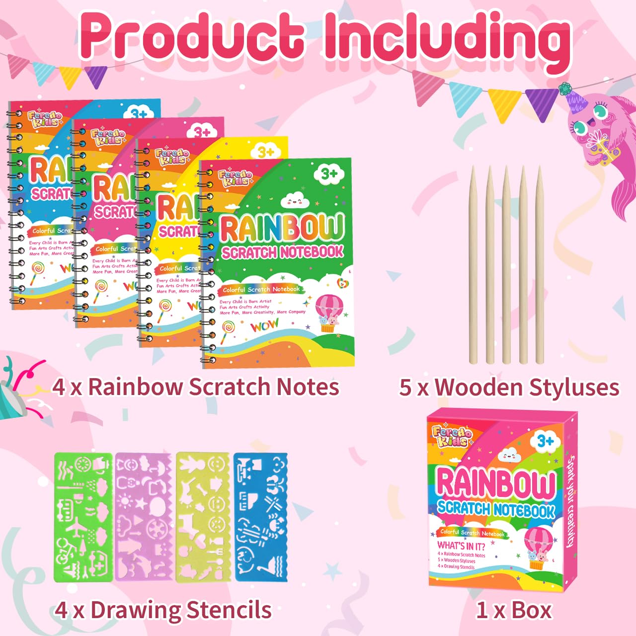 FEREDO KIDS Scratch Art 4-Pack Rainbow Notebooks – Mess-Free Creative Favors