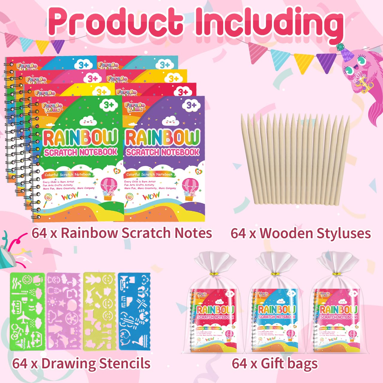FEREDO KIDS Scratch Art 64-Pack Rainbow Notebooks – Mess-Free Creative Activity for Kids 4-12