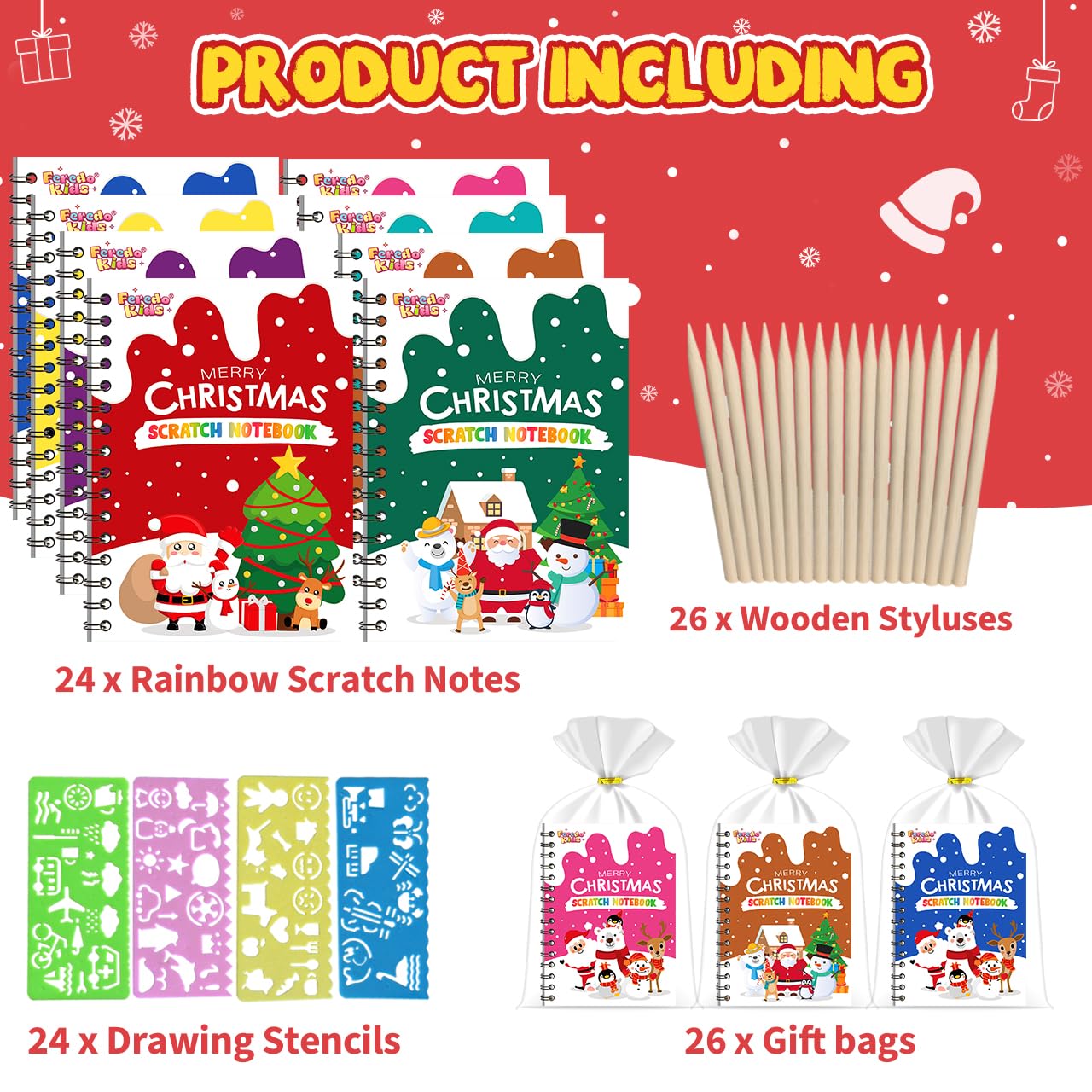 FEREDO KIDS Scratch Art Notebooks — 24 Pack Rainbow Party Favors for Kids