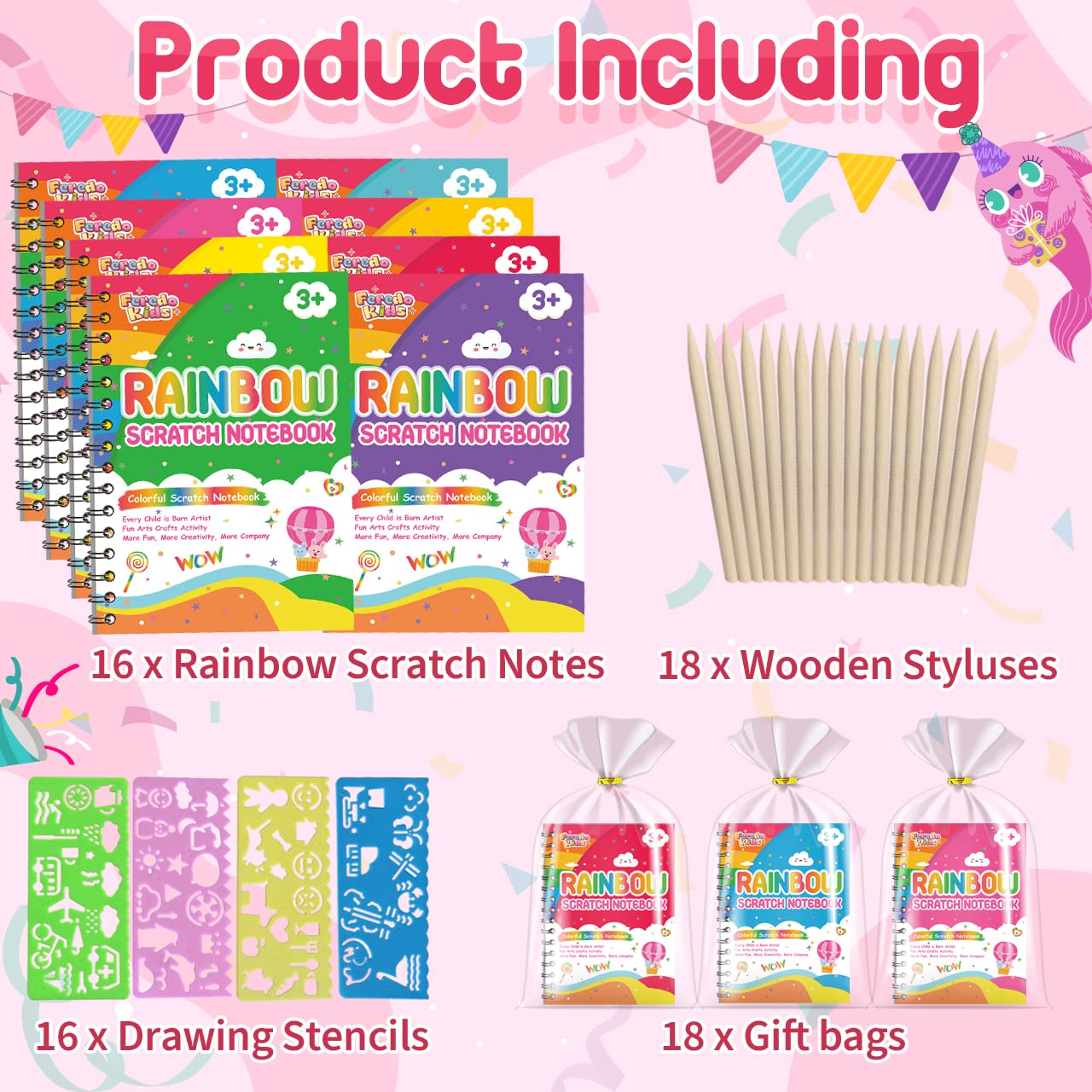 FEREDO KIDS 36-Pack Scratch Art Notebooks — Rainbow Scratch Art Set for Kids 4–12, Classroom & Party Favors