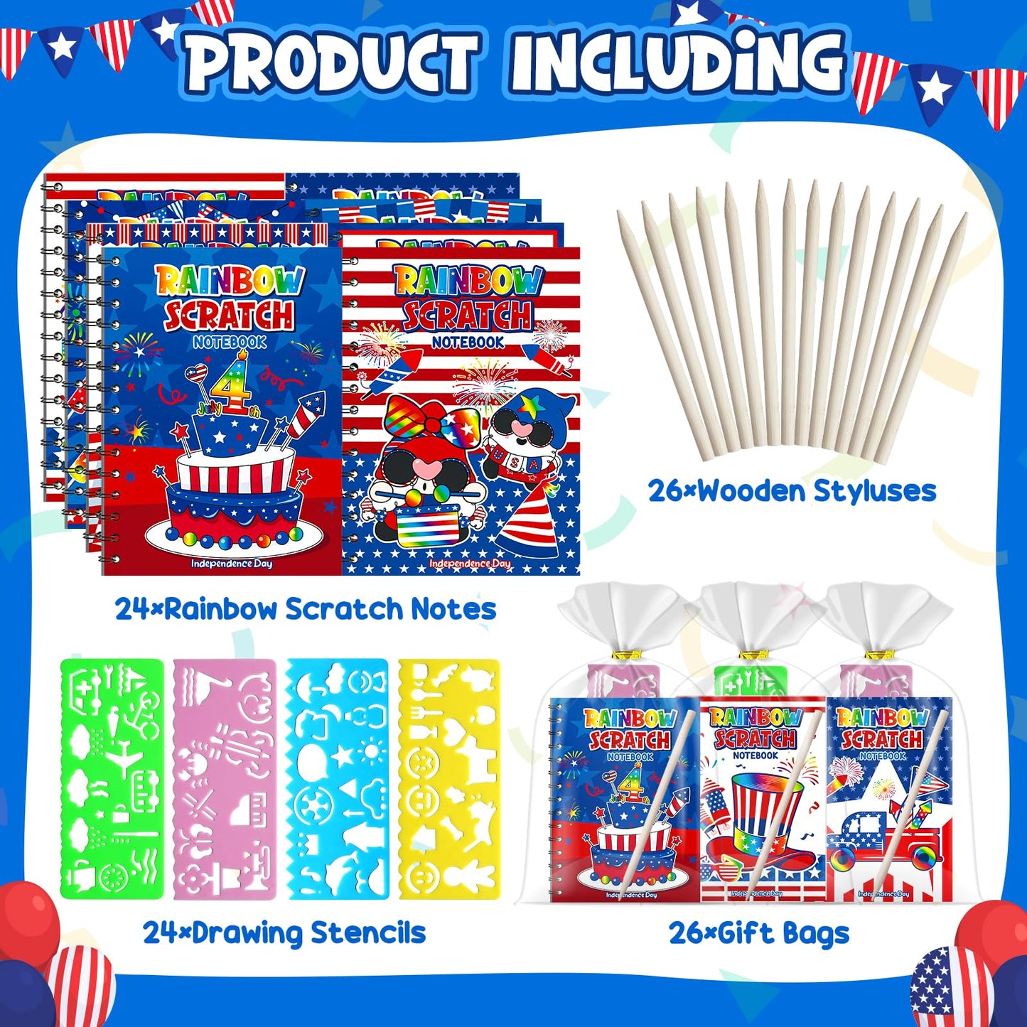 FEREDO KIDS Rainbow Scratch Art Notebooks — 24-Pack Party Favors for 4th of July, Kids Crafts