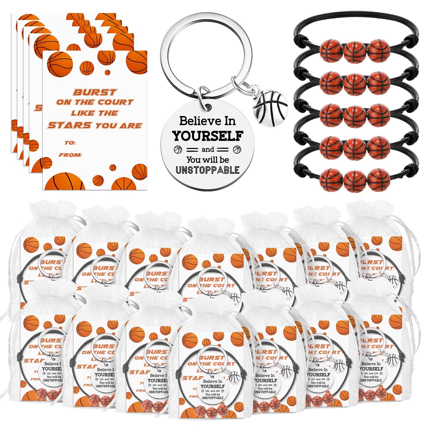 Ferreve 72 Pcs Basketball Party Favors Bulk – 18 Keychains, 18 Bracelets, 18 Inspirational Cards, 18 Organza Bags