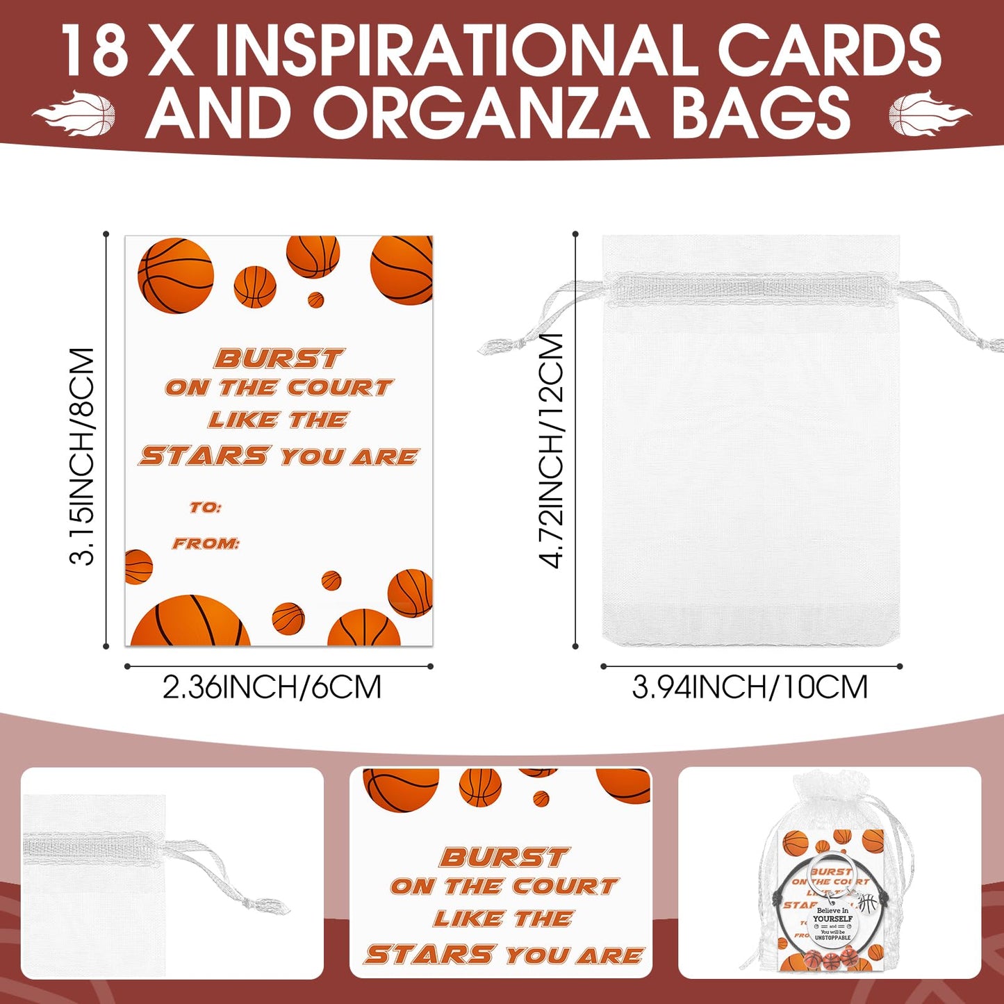 Ferreve 72 Pcs Basketball Party Favors Bulk – 18 Keychains, 18 Bracelets, 18 Inspirational Cards, 18 Organza Bags