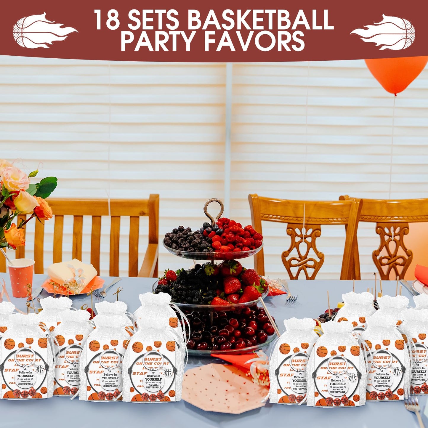 Ferreve 72 Pcs Basketball Party Favors Bulk – 18 Keychains, 18 Bracelets, 18 Inspirational Cards, 18 Organza Bags