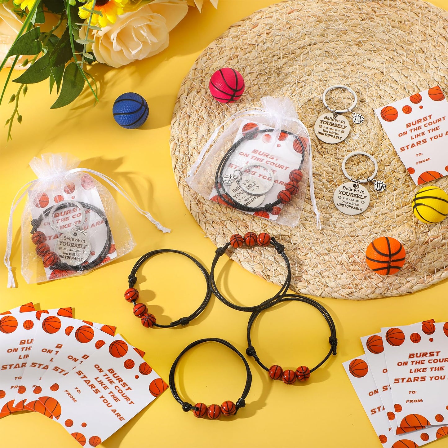 Ferreve 72 Pcs Basketball Party Favors Bulk – 18 Keychains, 18 Bracelets, 18 Inspirational Cards, 18 Organza Bags