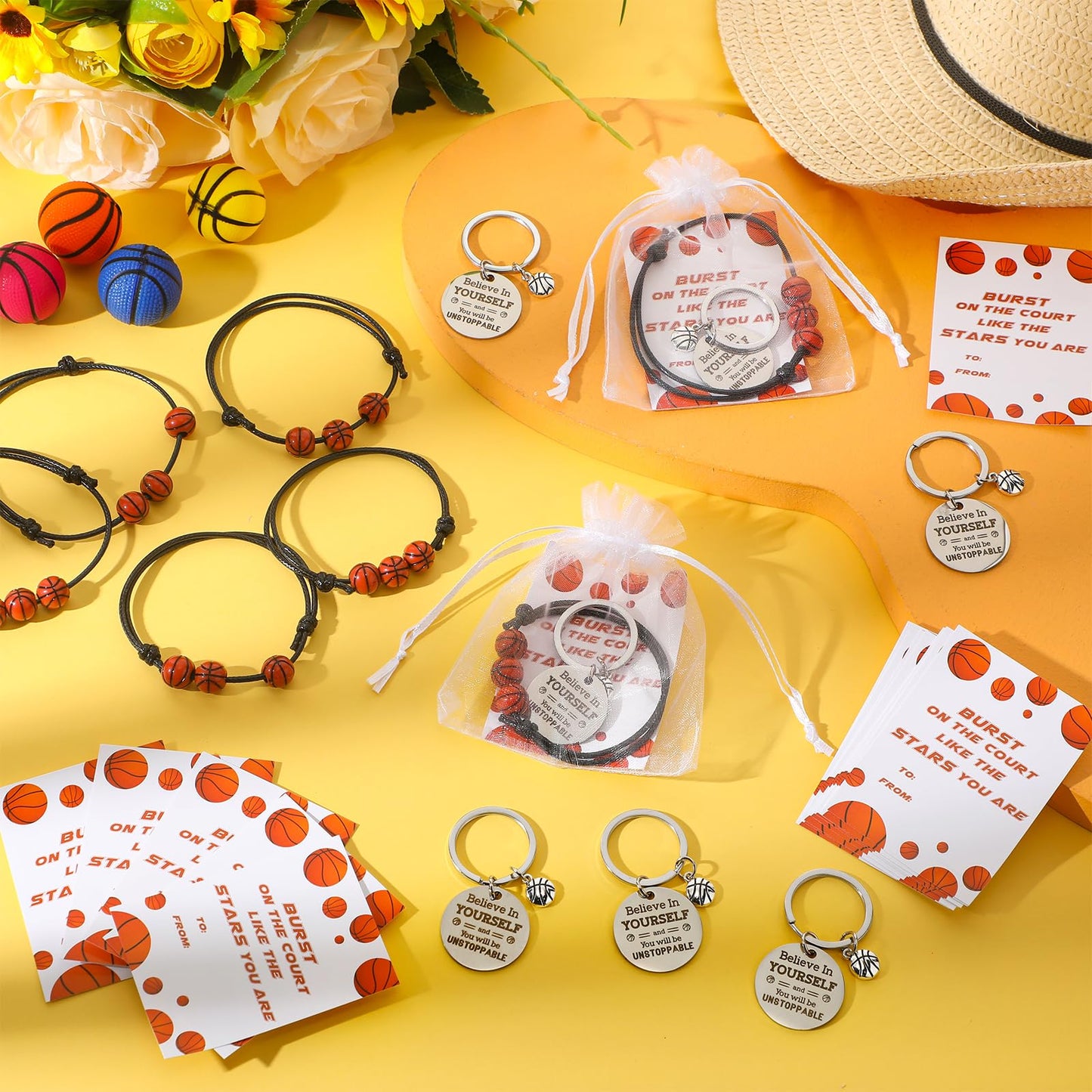 Ferreve 72 Pcs Basketball Party Favors Bulk – 18 Keychains, 18 Bracelets, 18 Inspirational Cards, 18 Organza Bags