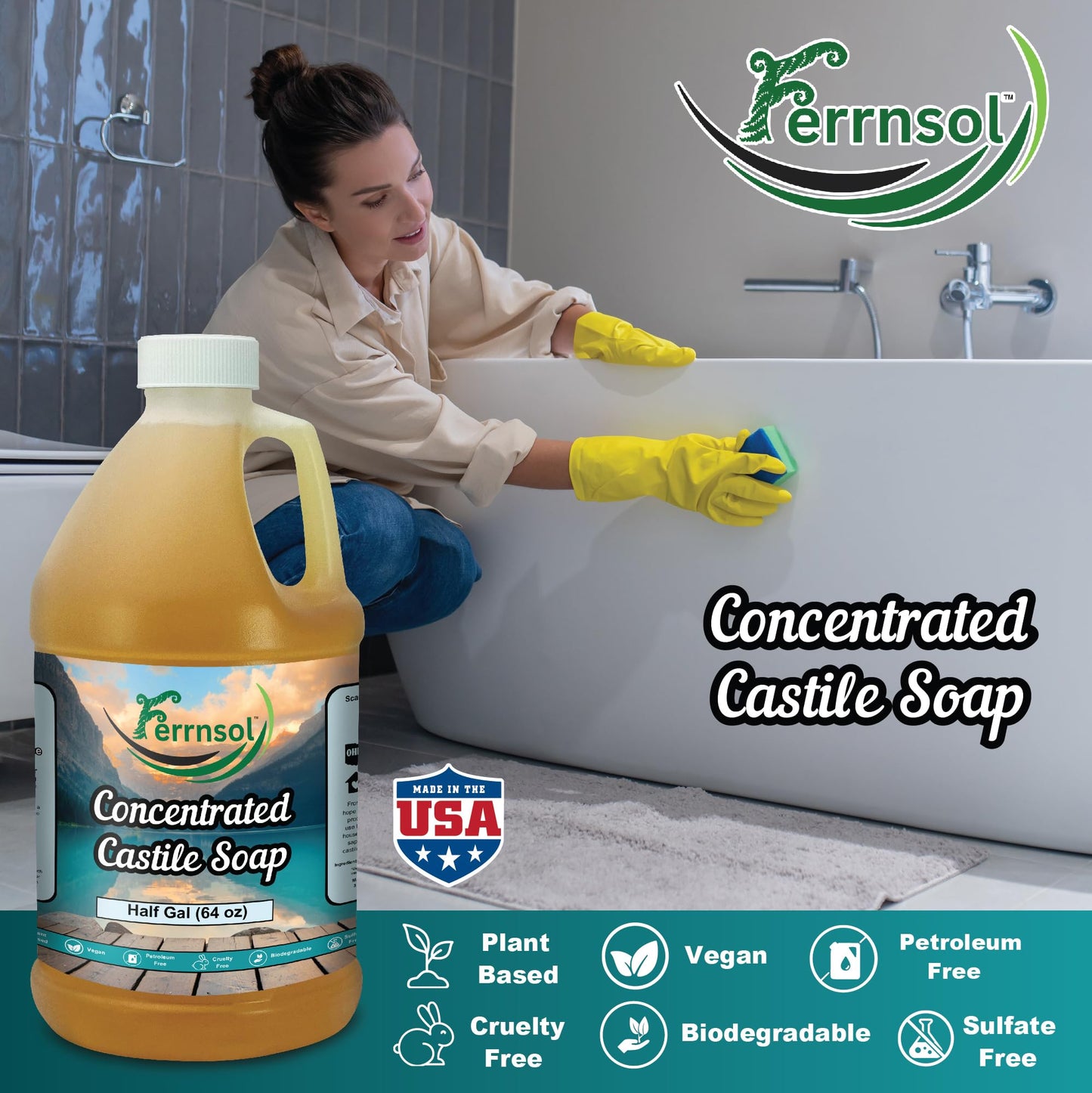 Ferrnsol Castile Gel Soap – Unscented 64oz Refill, Concentrated & Biodegradable
