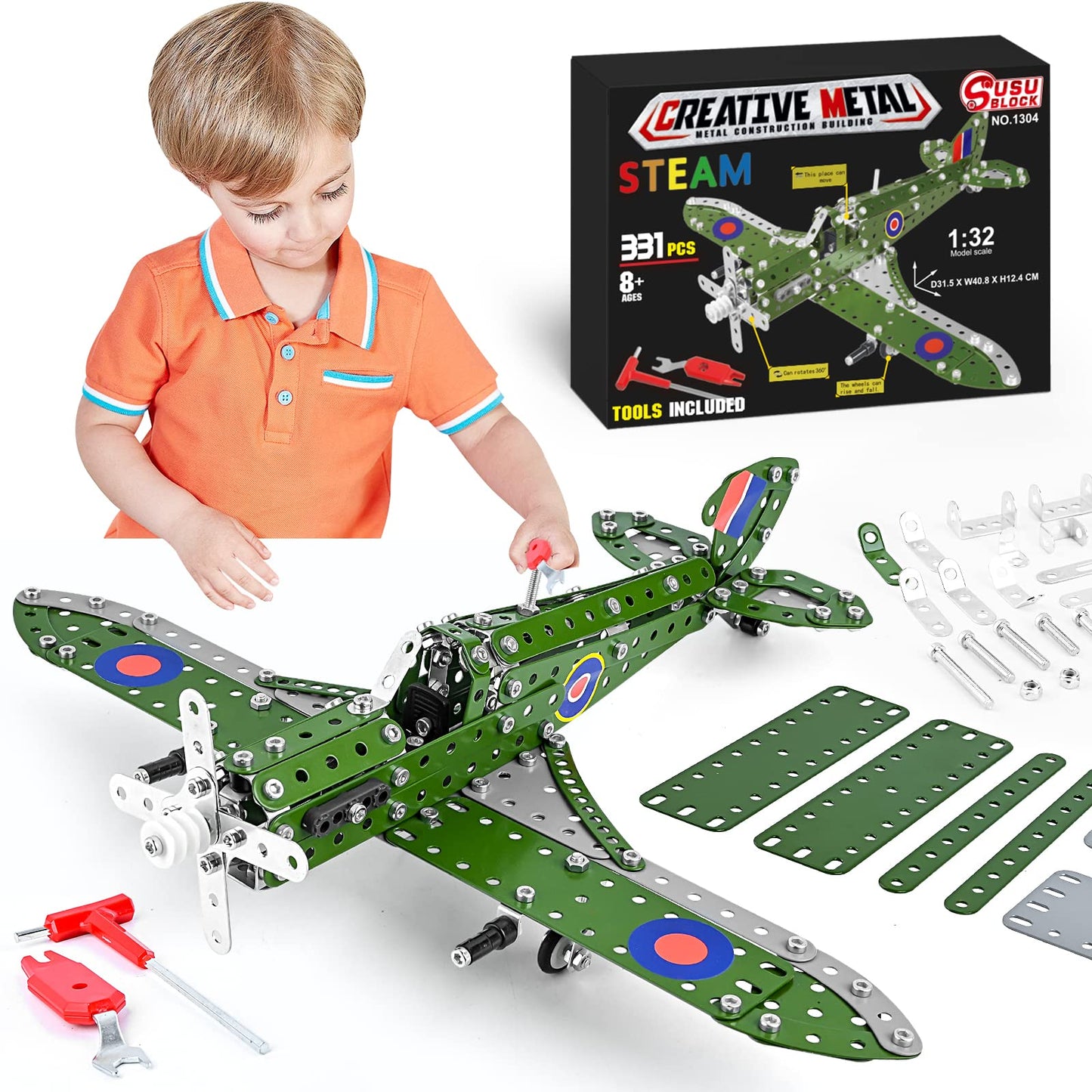Ferthor Fun STEM Airplane Model Kit 1:32 – Metal Erector Set for Kids 8-12
