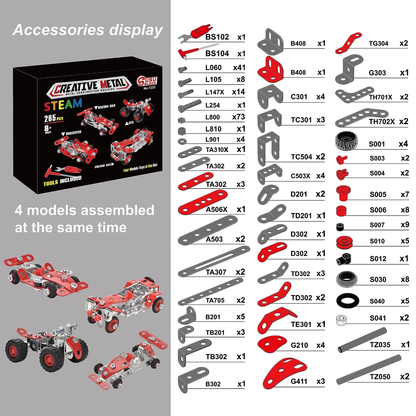Ferthor Fun Racing Car STEM Toy Sets – 265-Piece Metal Building Kit for Boys 8–12 (Roadster Red)
