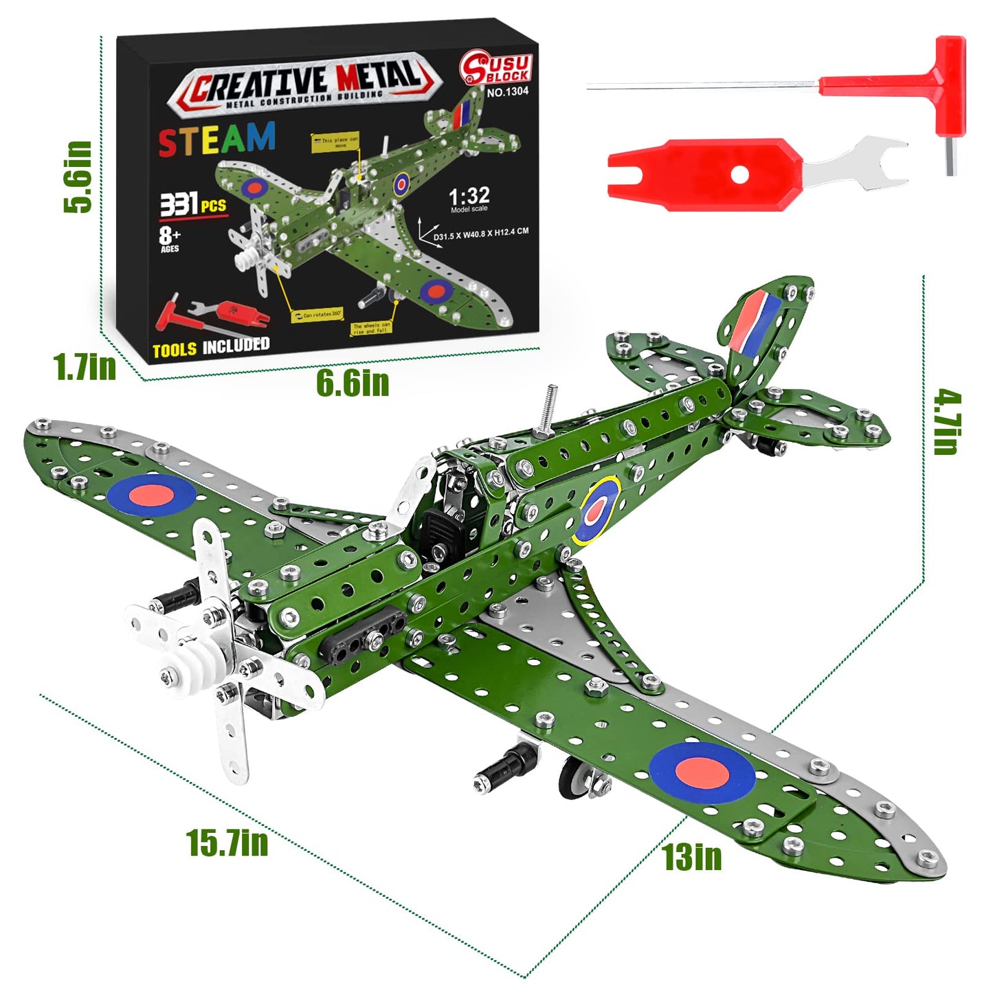 Ferthor Fun STEM Airplane Model Kit 1:32 – Metal Erector Set for Kids 8-12