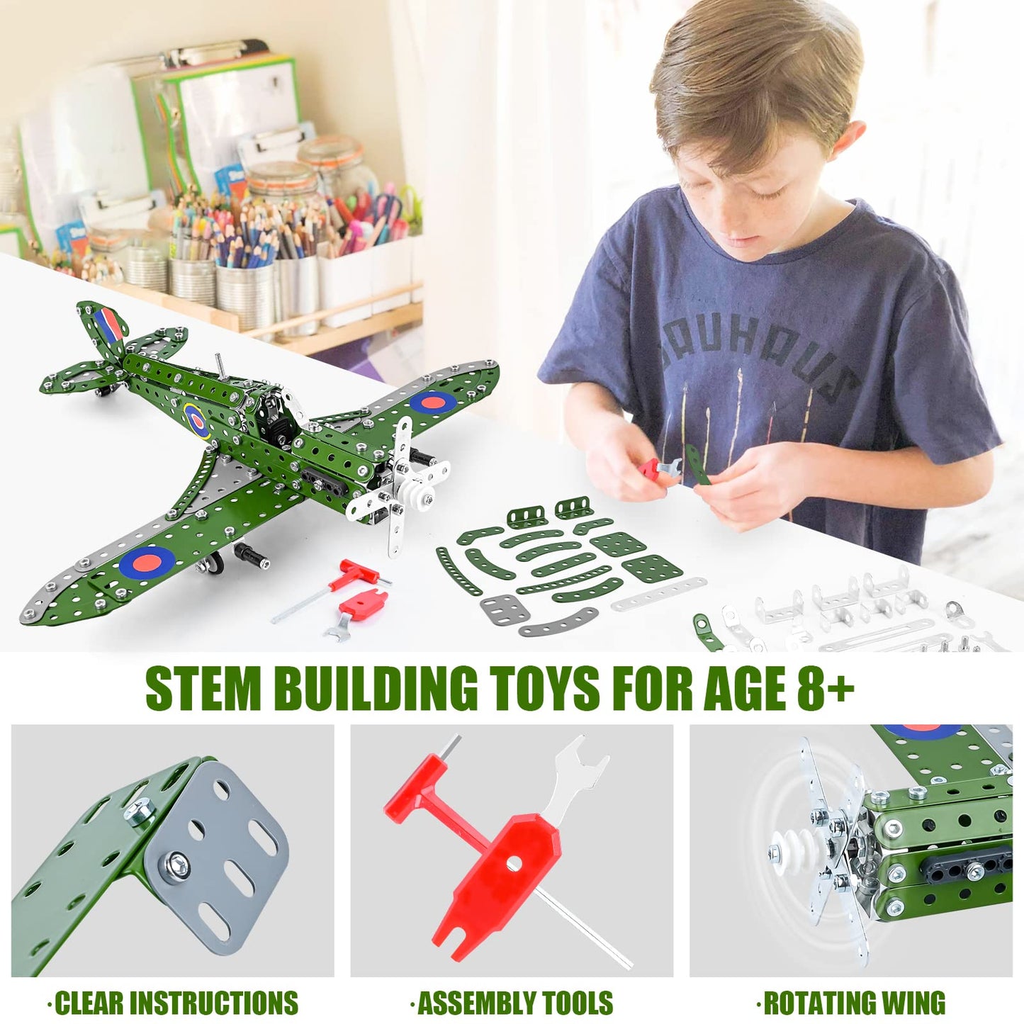 Ferthor Fun STEM Airplane Model Kit 1:32 – Metal Erector Set for Kids 8-12