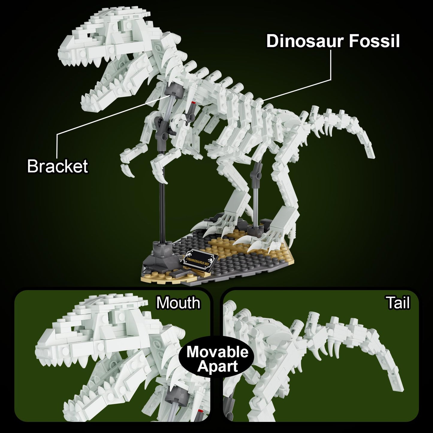 FERURE Dinosaur Fossils Building Set – Glow-in-the-Dark Tyrannosaurus Skeleton, 435 Pieces
