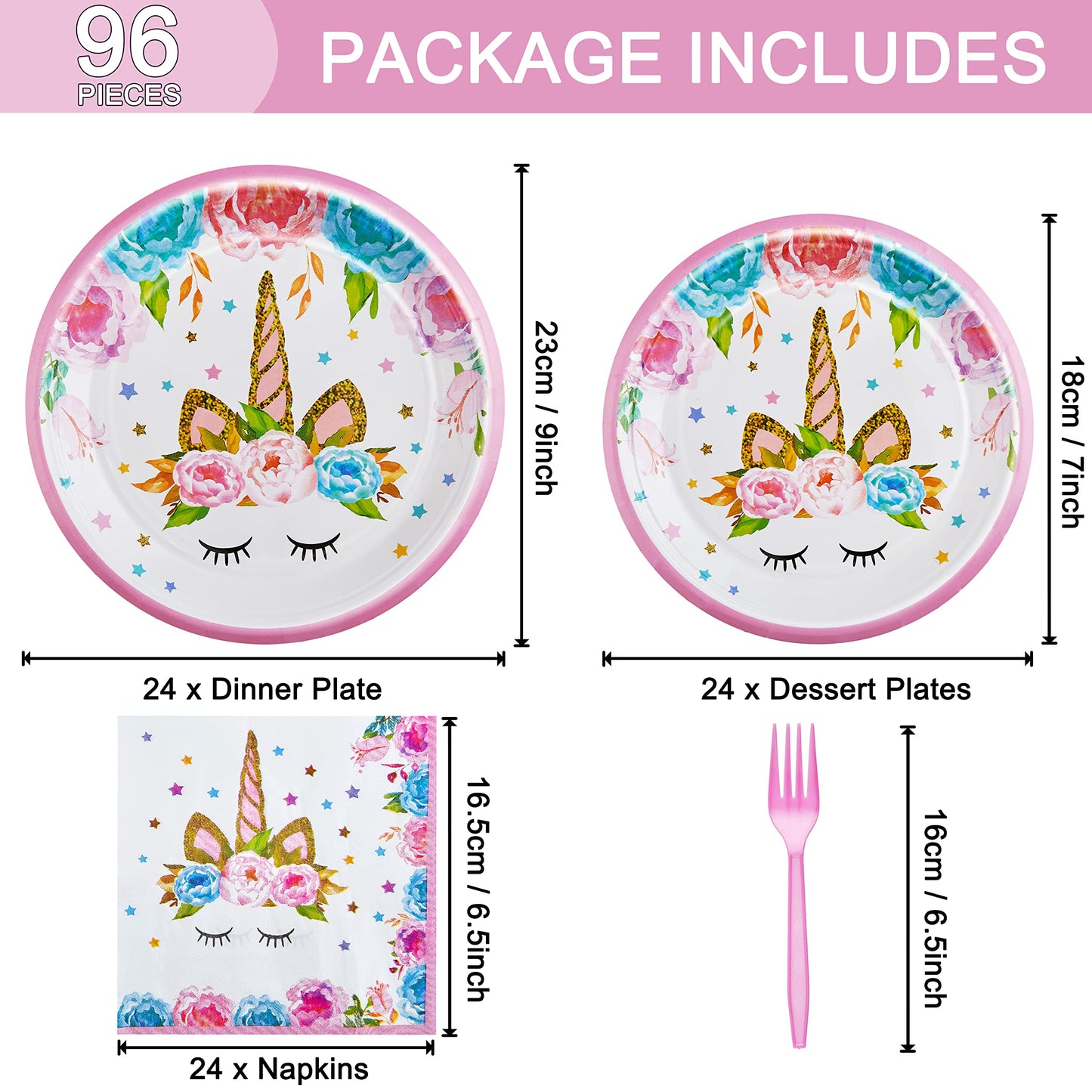 Fesciory 96 Pcs Horned Horse Party Tableware Set – Serves 24 (Girls Birthday / Baby Shower)