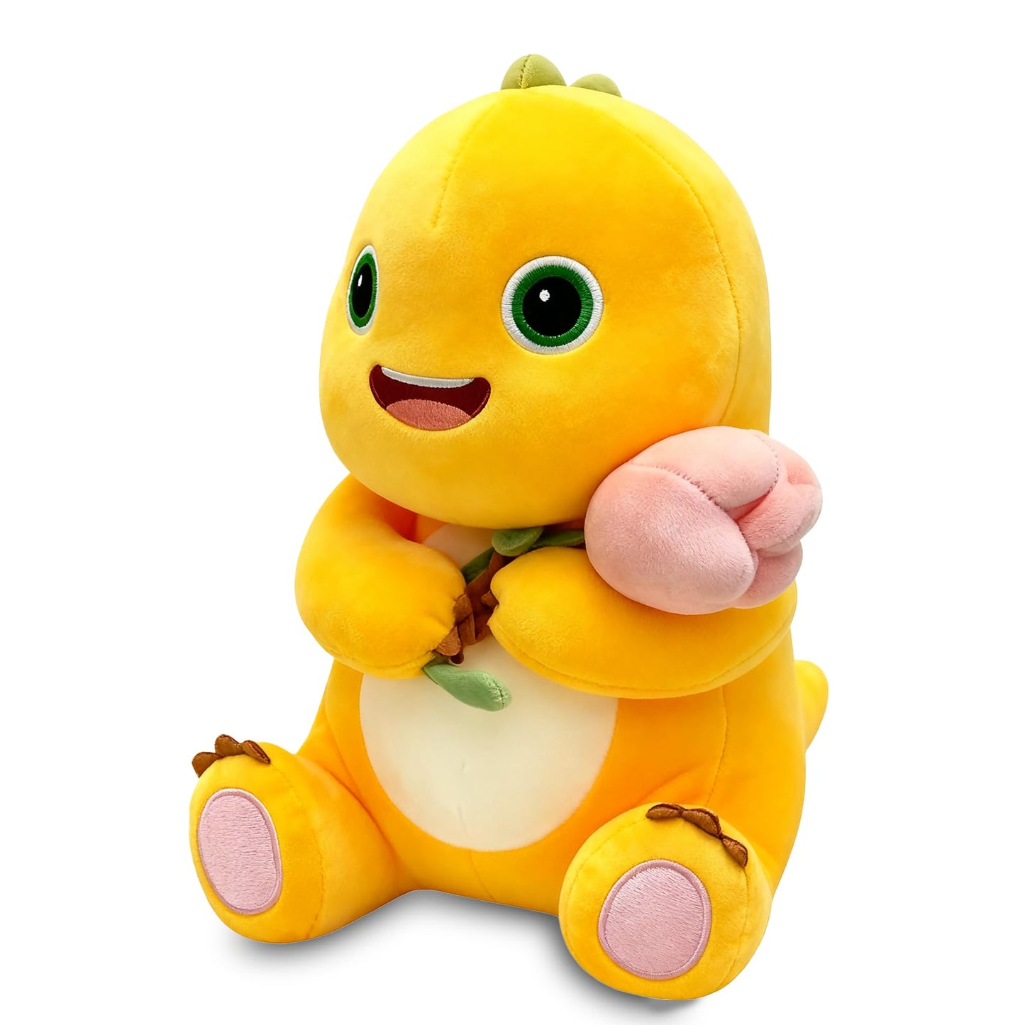 Fesuphy 35cm Dinosaur Plush Pillow with Flower – Cute Yellow Dino, Kawaii Plush Pillow for Home