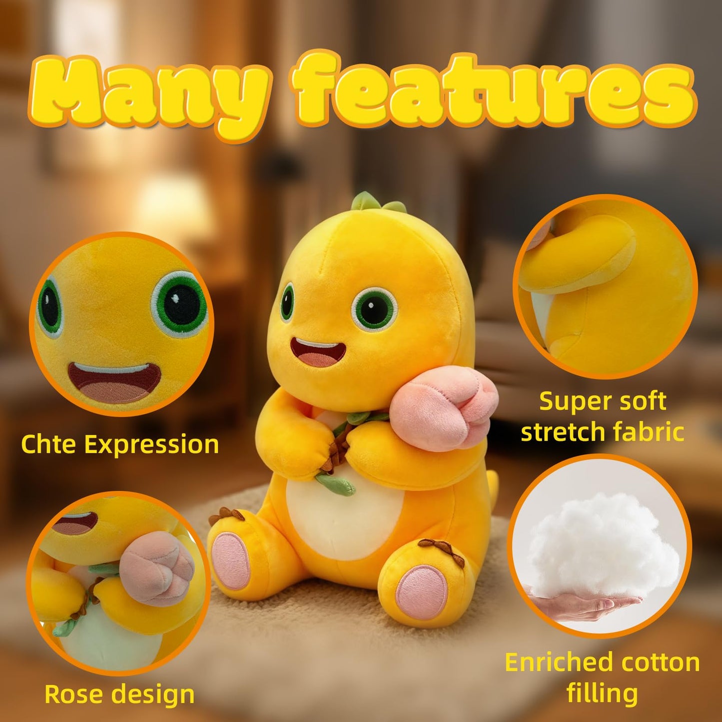 Fesuphy 35cm Dinosaur Plush Pillow with Flower – Cute Yellow Dino, Kawaii Plush Pillow for Home
