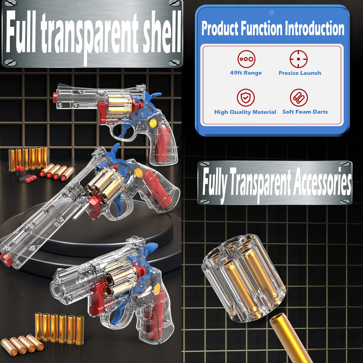 FESVASDEE Clear Housing Toy Revolver Foam Blaster with Elite Soft Foam Darts – Safe Outdoor Nerf Gun Set for Kids Aged 5–8