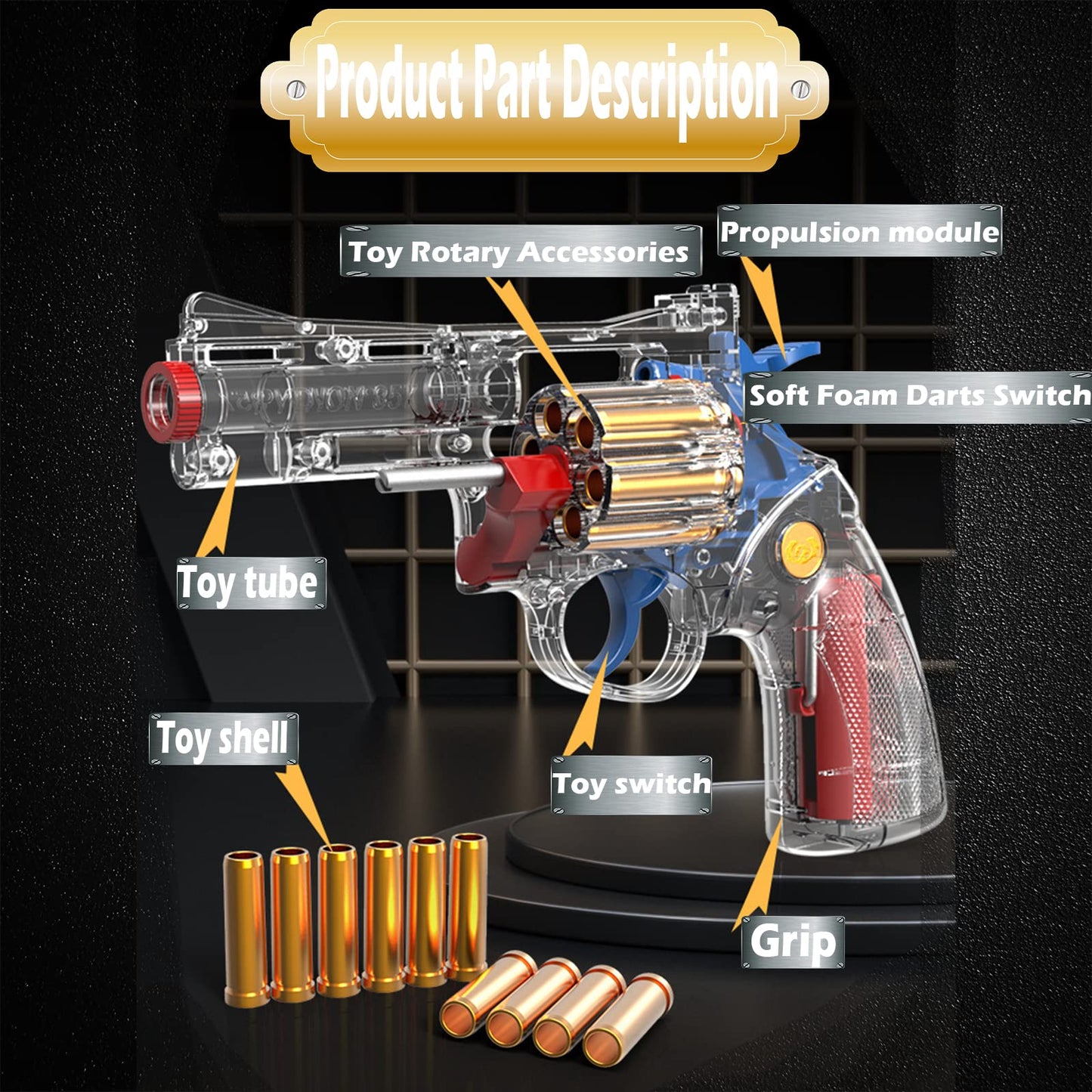 FESVASDEE Clear Housing Revolver Foam Blaster with Elite Soft Darts for Kids 5–8