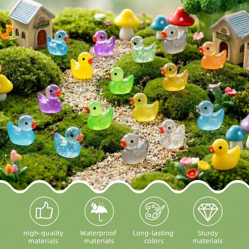 FEXIA 100pcs Mini Ducks – Glow-in-the-Dark & Glitter Resin Figures for Dollhouse & Fairy Garden