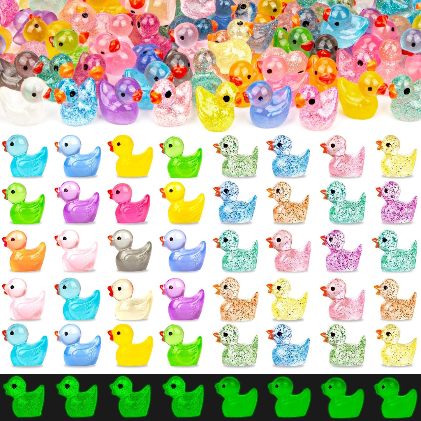 FEXIA 100pcs Mini Ducks – Glow-in-the-Dark & Glitter Resin Figures for Dollhouse & Fairy Garden