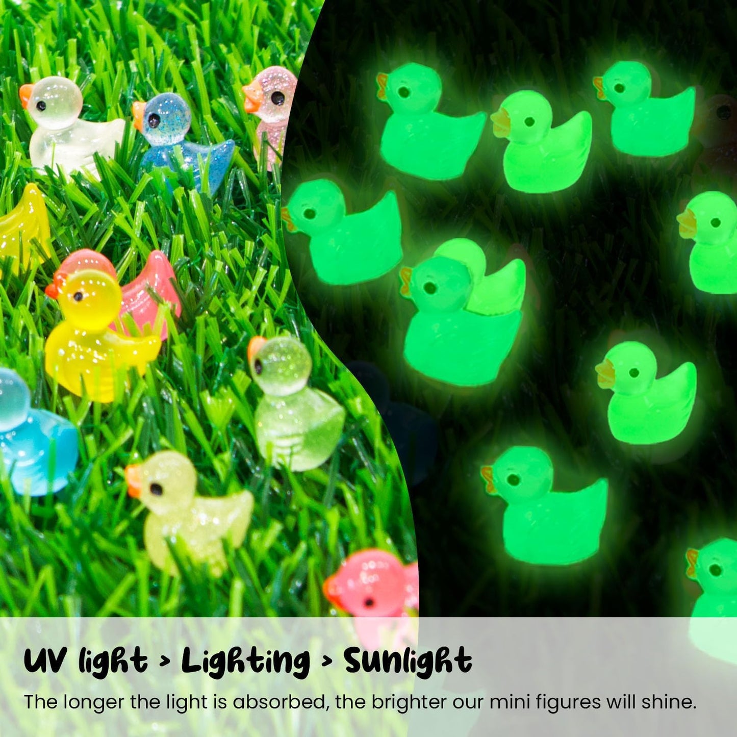 FEXIA 100pcs Mini Ducks – Glow-in-the-Dark & Glitter Resin Figures for Dollhouse & Fairy Garden