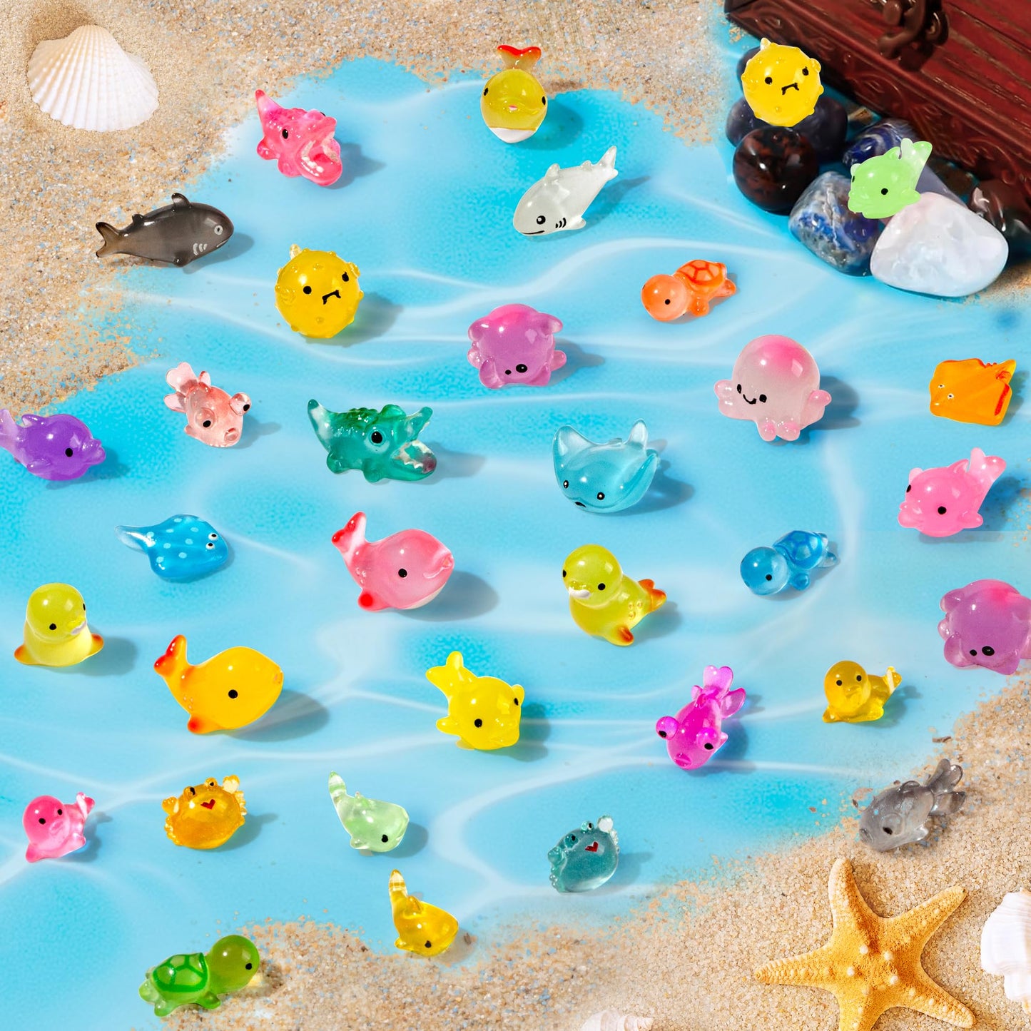FEXIA 50 Pcs Ocean Mini Resin Animals – Glow-in-the-Dark DIY Decor