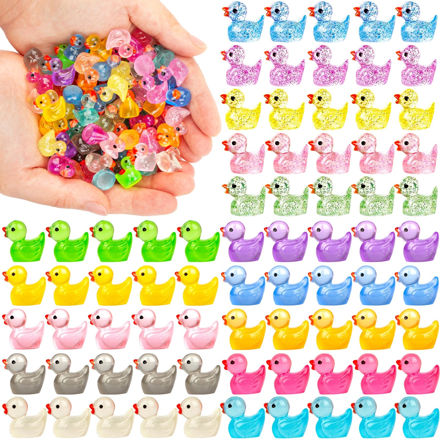 FEXIA 100pcs Mini Ducks – Glow-in-the-Dark & Glitter Resin Figures for Dollhouse & Fairy Garden