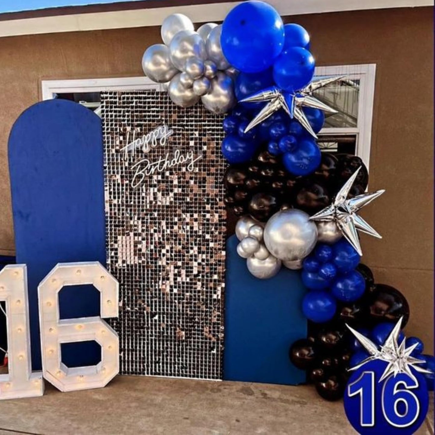 FEYG Blue and Black Balloons – 50pcs 12in Royal Blue, Black & Silver Confetti with Ribbon