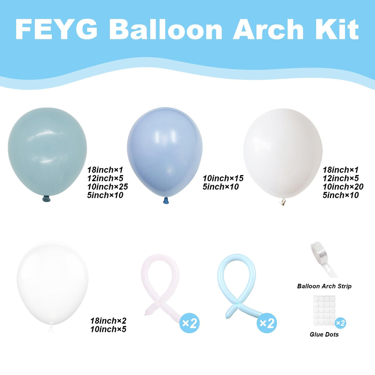 FEYG Dusty Blue Balloon Arch Kit – Elegant White & Light Blue Party Decor
