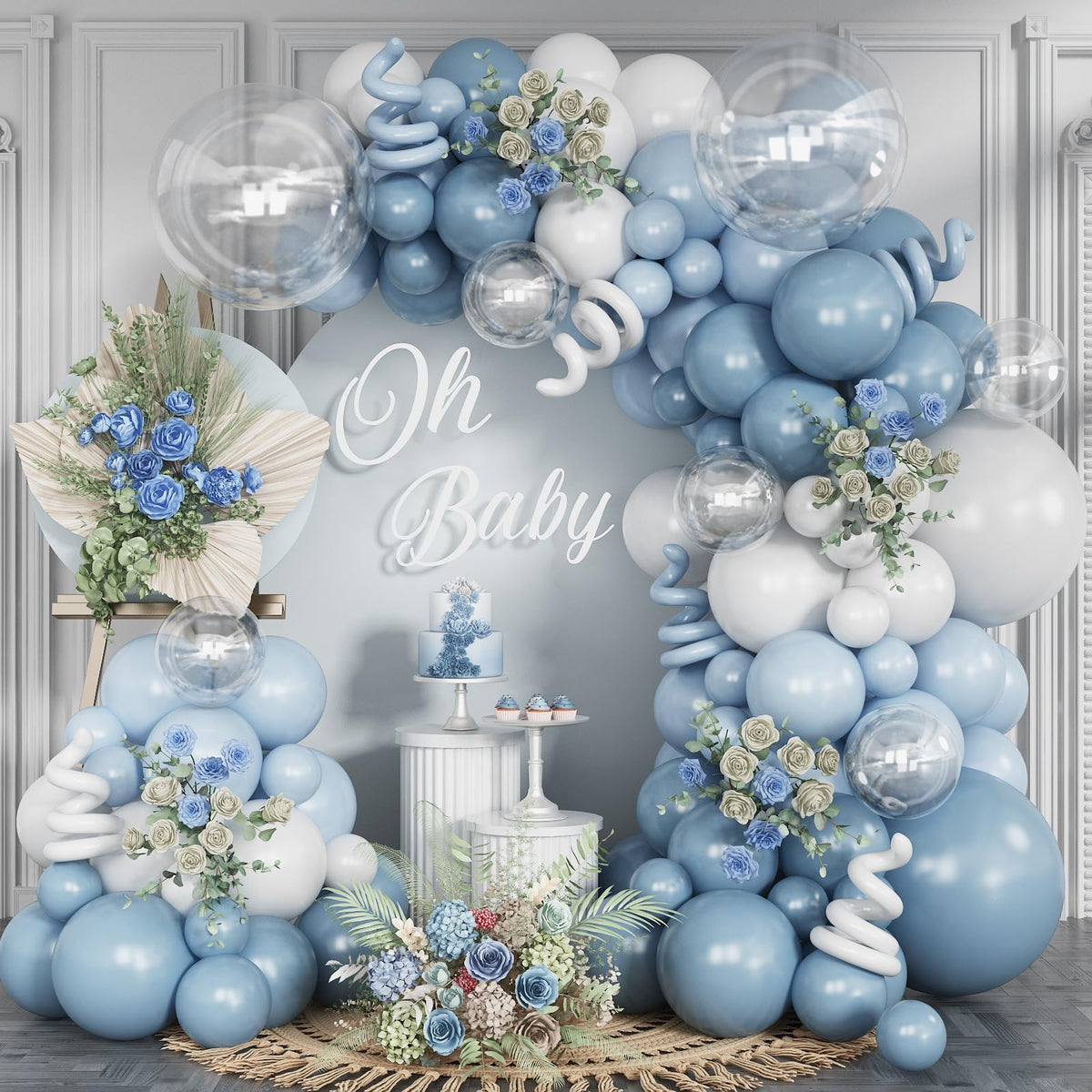 FEYG Dusty Blue Balloon Arch Kit – Elegant White & Light Blue Party Decor