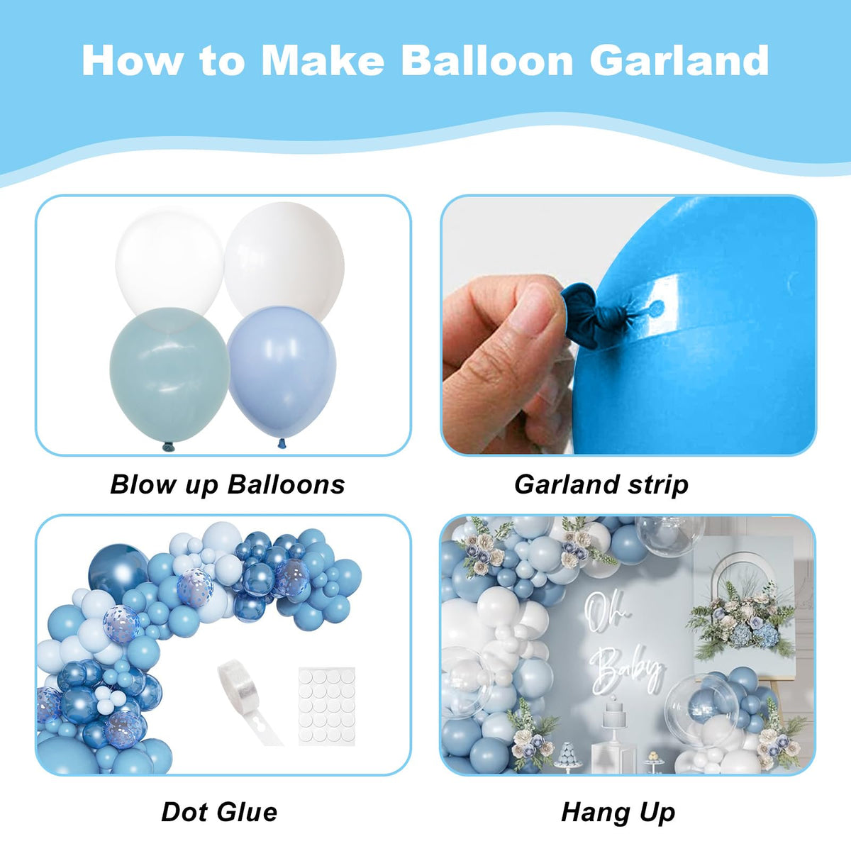 FEYG Dusty Blue Balloon Arch Kit – Elegant White & Light Blue Party Decor