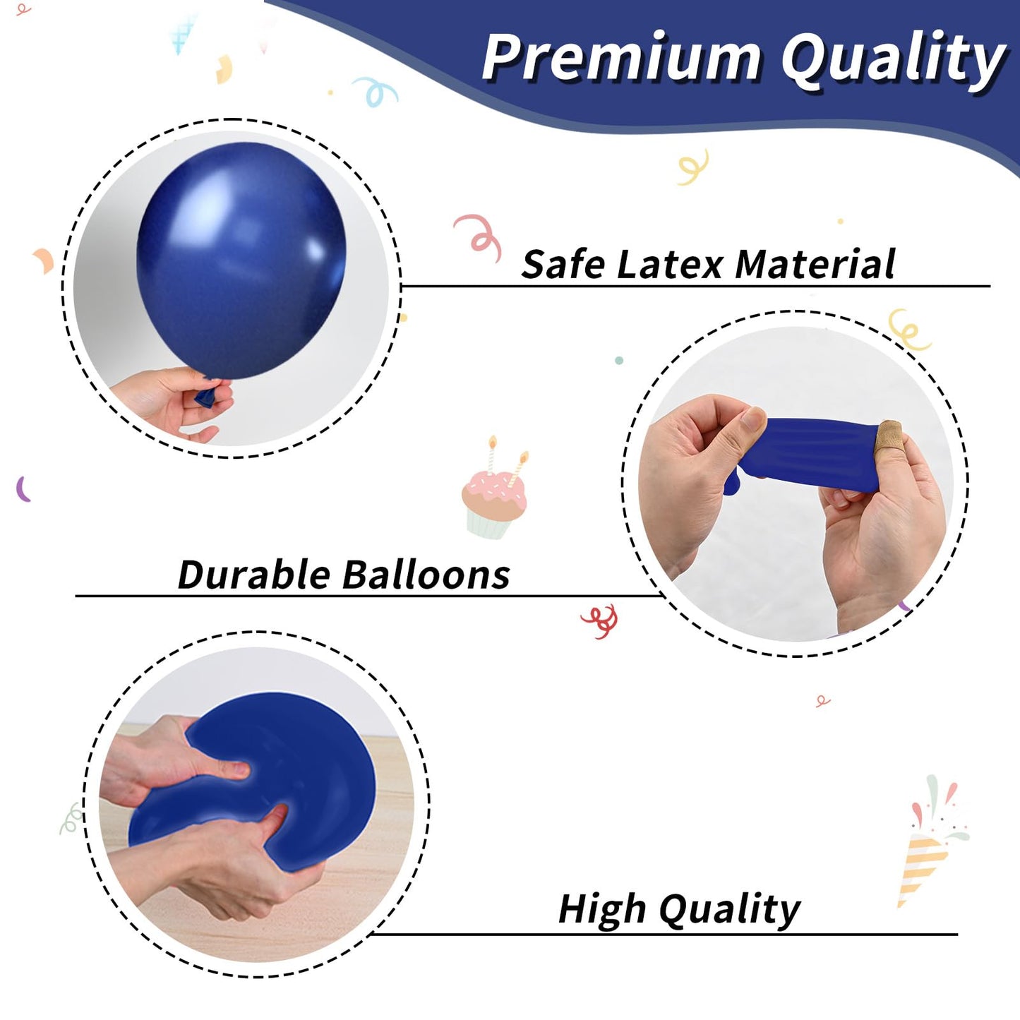 FEYG Blue and Black Balloons – 50pcs 12in Royal Blue, Black & Silver Confetti with Ribbon
