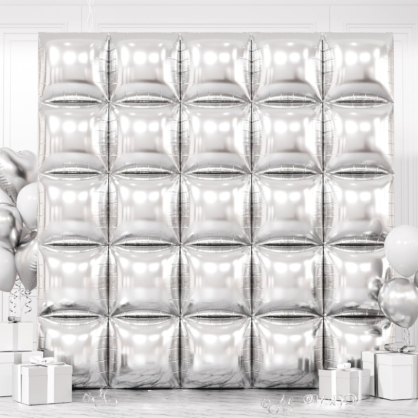 FEYG Metallic Silver Double-Sided Square Foil Balloons Wall Kit – 25x19in Backdrop for Weddings, Parties, and Celebrations