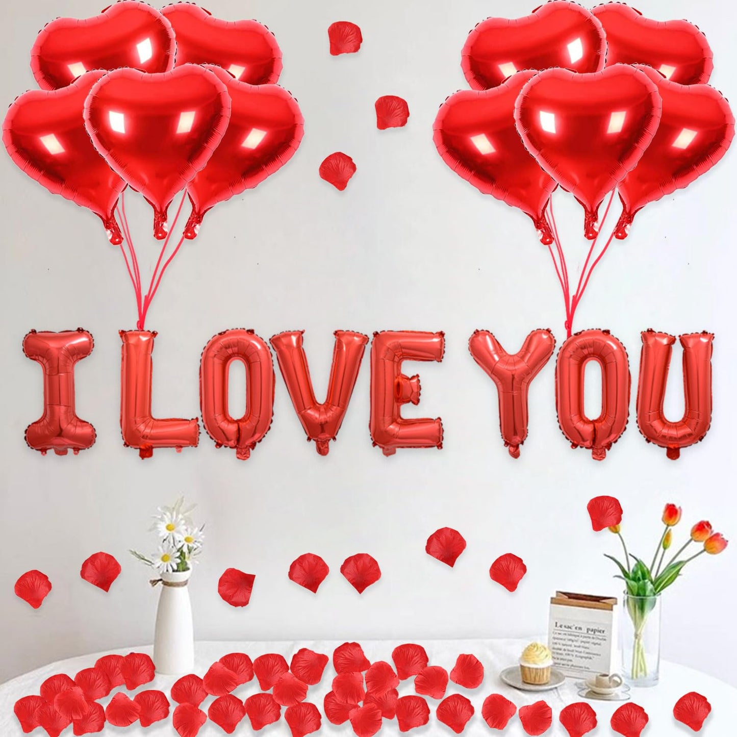 Fezava 2 Set Red I LOVE YOU Balloons – 16" Letter Balloons + 18" Heart Balloons + 1200 Rose Petals for Valentine’s Day Decor