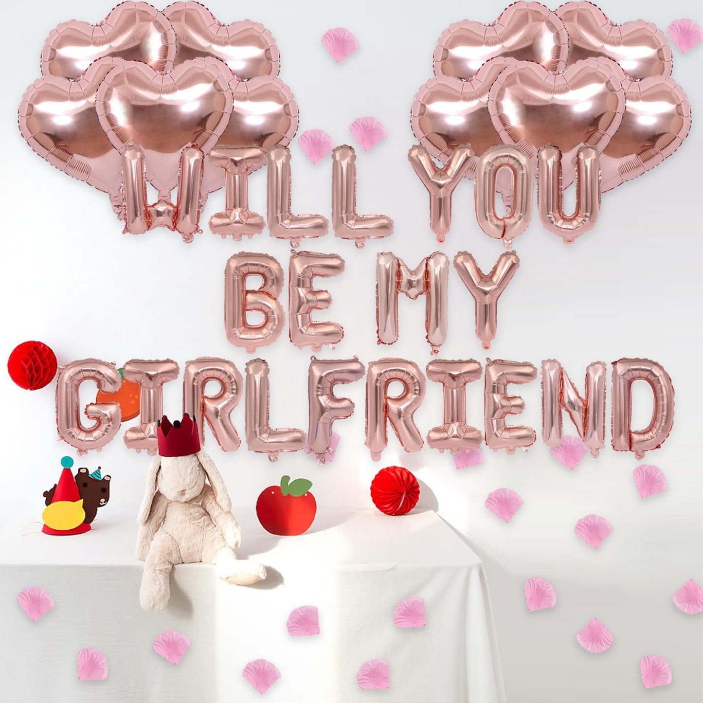 Fezava Rose Gold Will You Be My Girlfriend Balloons – 2 Set, 42pcs 16in Letter Balloons, 10pcs 18in Heart Balloons, 1200 Pink Rose Petals | Valentines Day Decorations