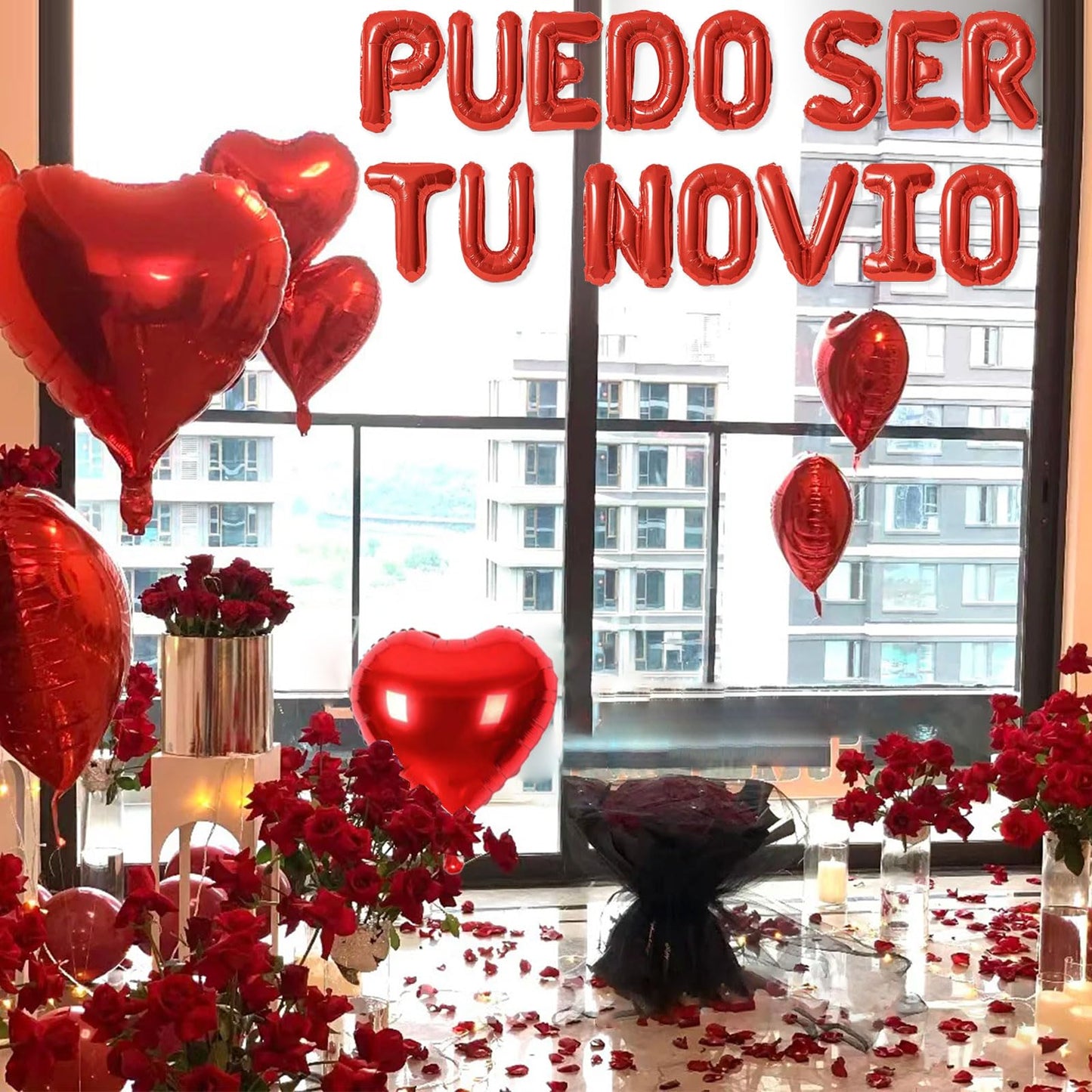 Fezava 2-set red PUEDO SER TU NOVIO balloons + 1200 rose petals | 16-inch letters & 18-inch hearts