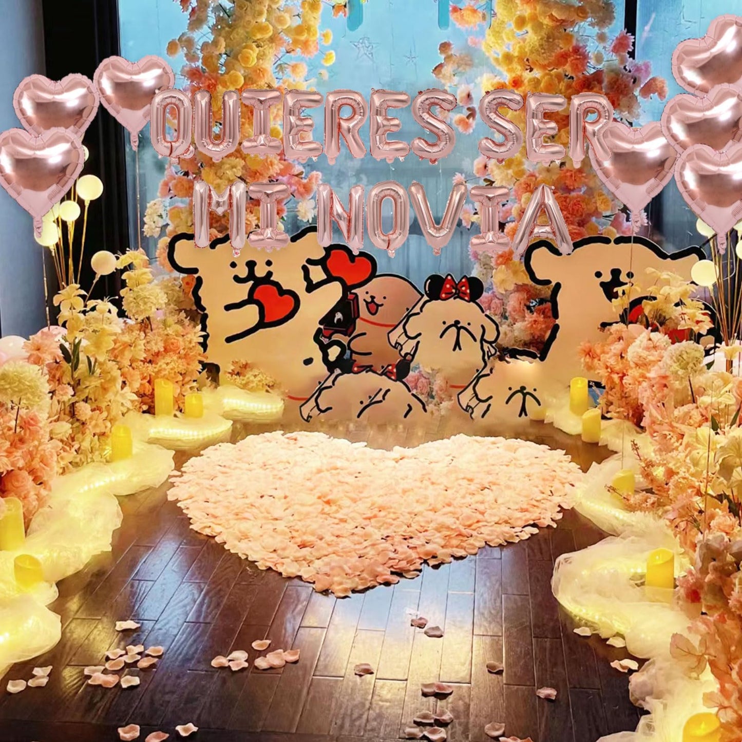 Fezava Will You Be My Girlfriend Balloons with Rose Gold Petals — 16\" Letter Balloons & 18\" Heart Balloons