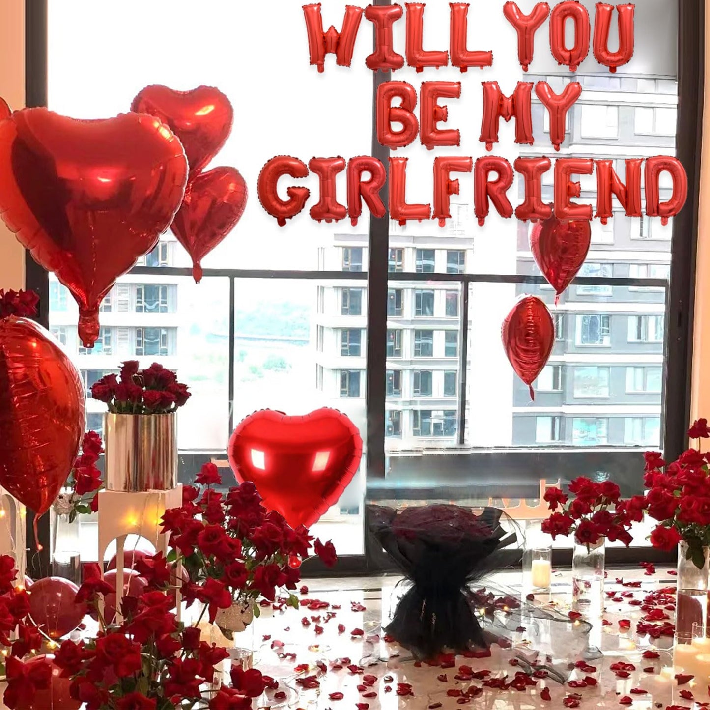Fezava 2-Set Red Will You Be My Girlfriend Balloons - 42pcs 16inch Letters + 1200 Rose Petals + 10 Heart Balloons for Valentines Day