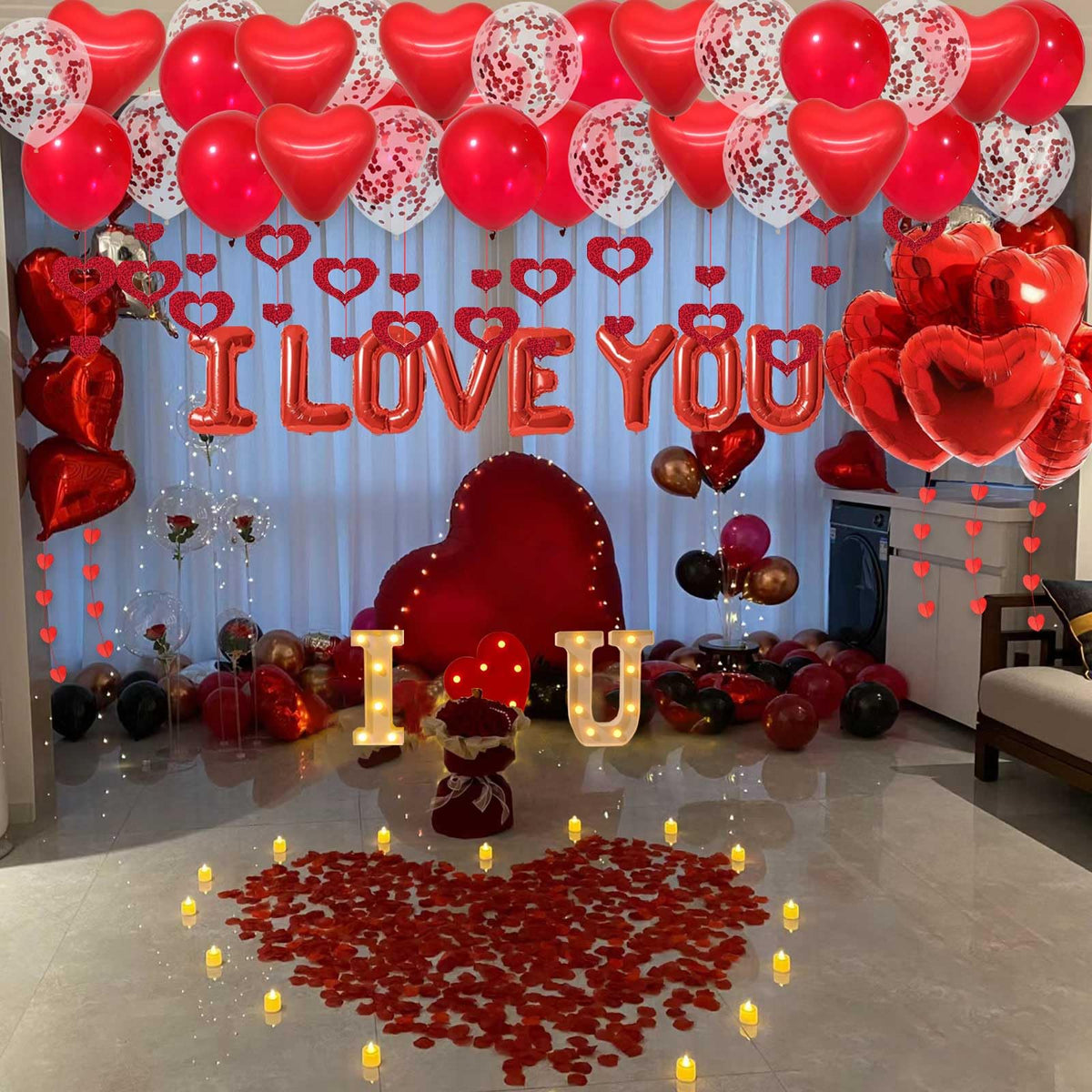 Fezava I LOVE YOU Light Up Letter Sign Decor – 2-Set Red Balloons & Party Kit