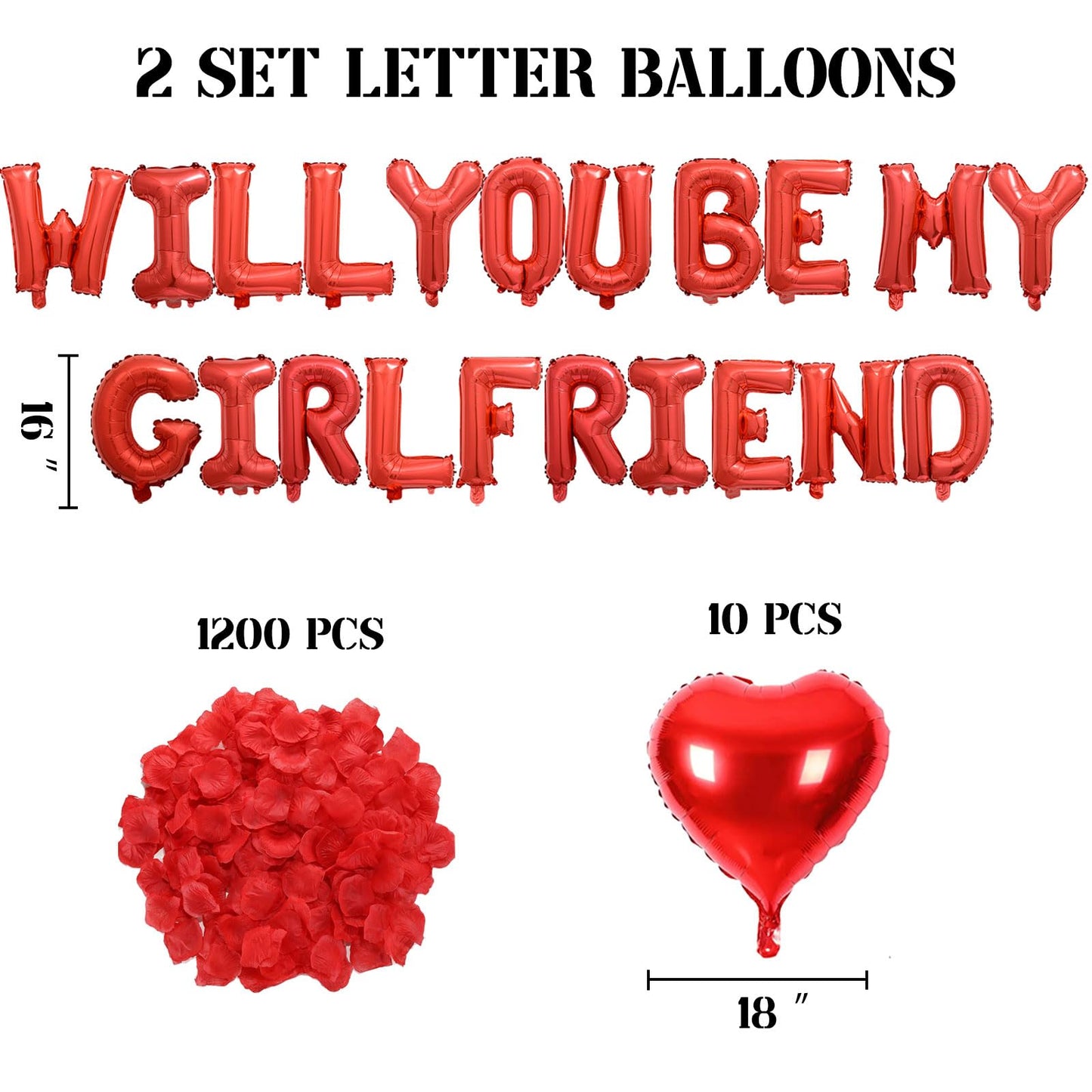 Fezava 2-Set Red Will You Be My Girlfriend Balloons - 42pcs 16inch Letters + 1200 Rose Petals + 10 Heart Balloons for Valentines Day