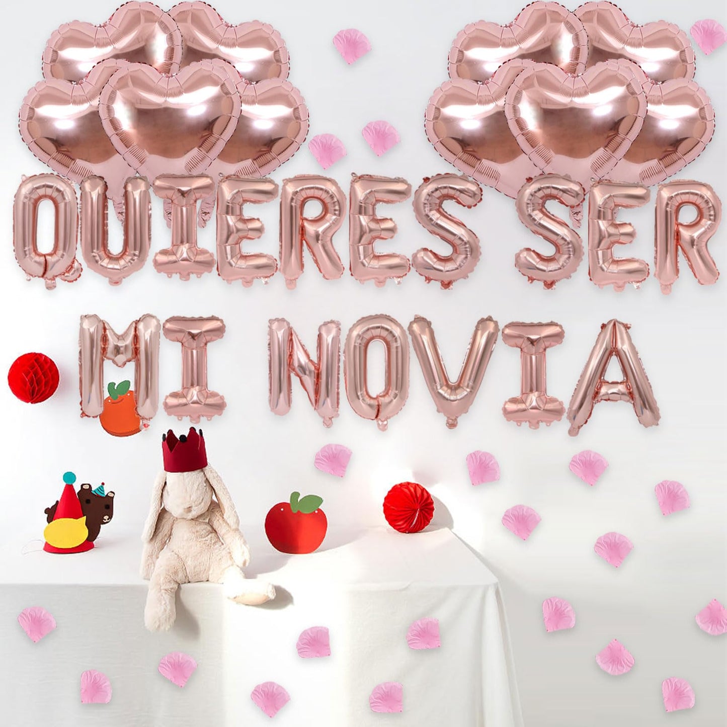 Fezava Will You Be My Girlfriend Balloons with Rose Gold Petals — 16\" Letter Balloons & 18\" Heart Balloons