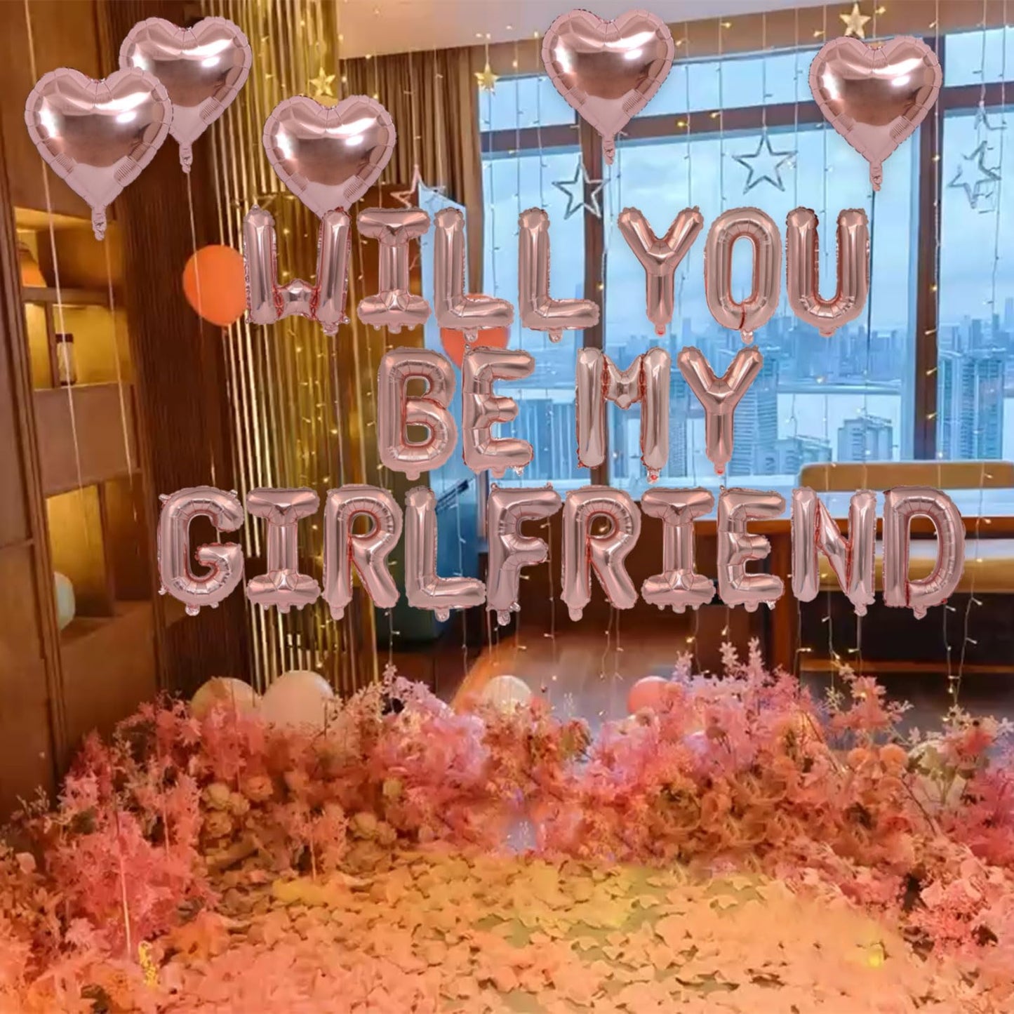 Fezava Rose Gold Will You Be My Girlfriend Balloons – 2 Set, 42pcs 16in Letter Balloons, 10pcs 18in Heart Balloons, 1200 Pink Rose Petals | Valentines Day Decorations