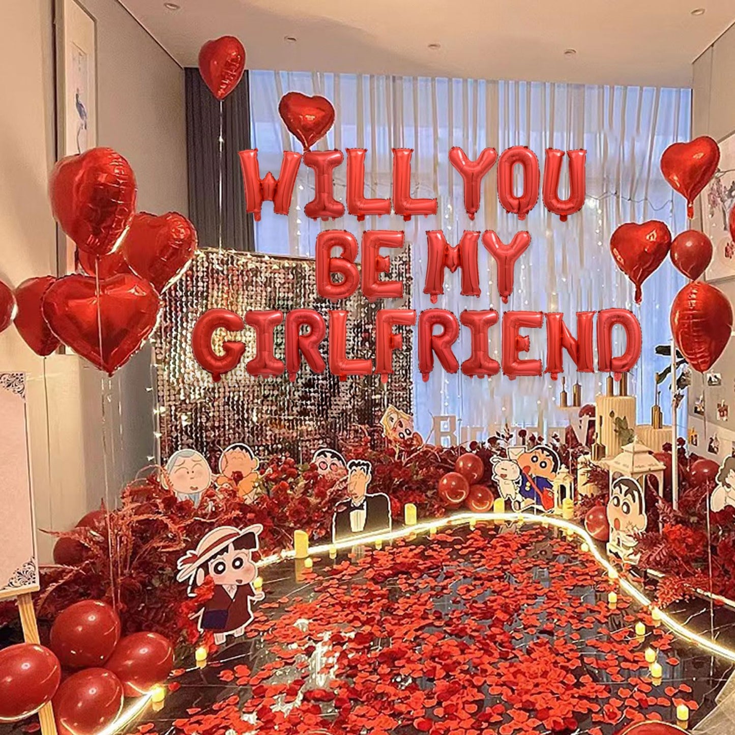 Fezava 2-Set Red Will You Be My Girlfriend Balloons - 42pcs 16inch Letters + 1200 Rose Petals + 10 Heart Balloons for Valentines Day