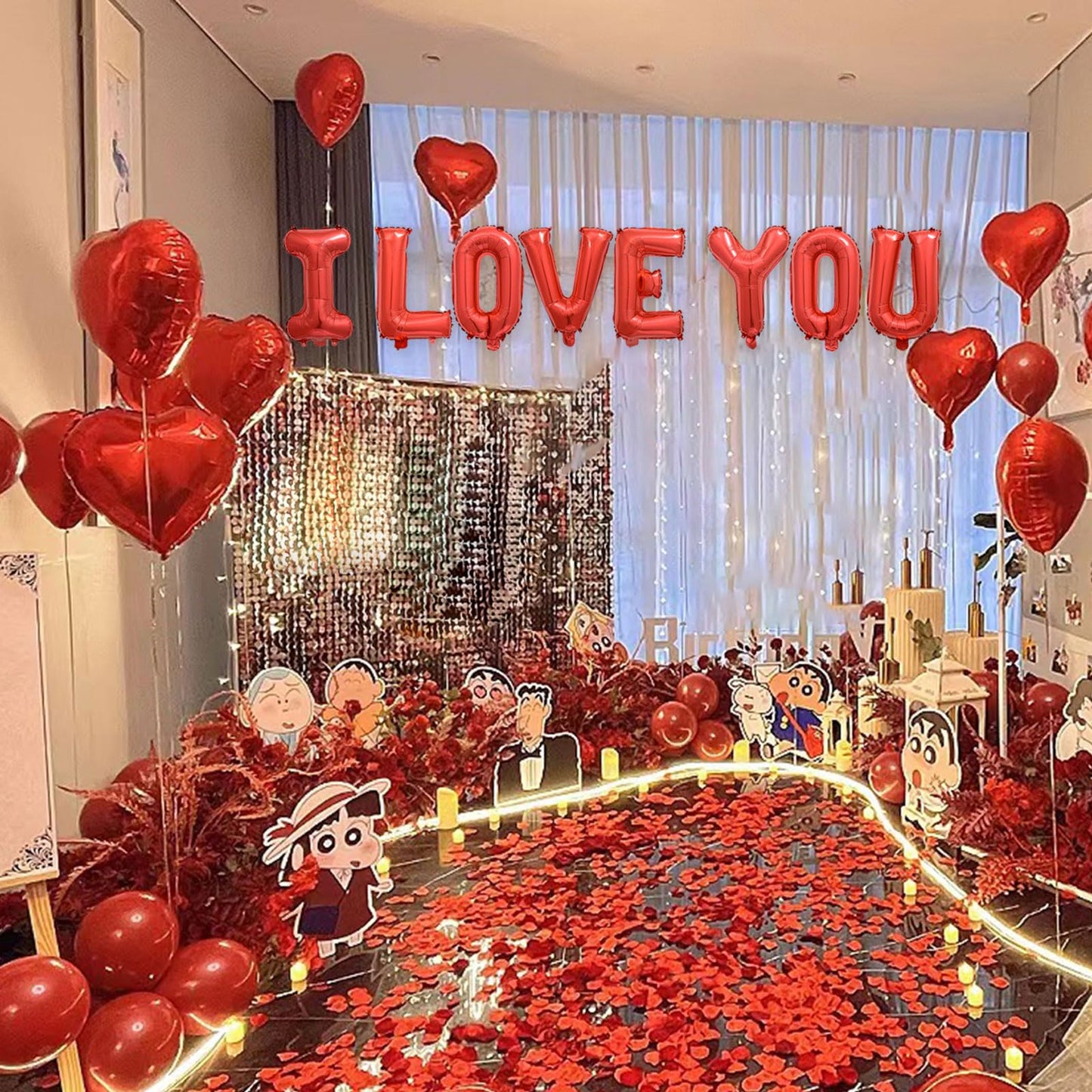 Fezava 2 Set Red I LOVE YOU Balloons – 16" Letter Balloons + 18" Heart Balloons + 1200 Rose Petals for Valentine’s Day Decor